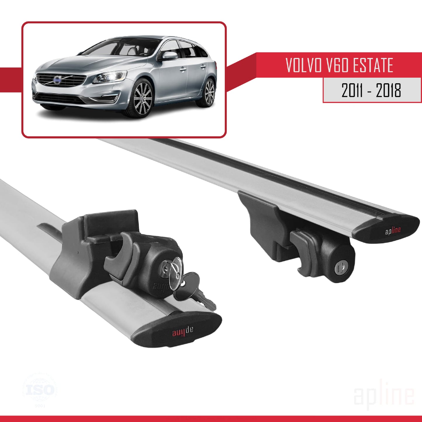 Compatible avec Volvo V60 2011-2018 HOOK Model Barres de Toit Railing Porte-Bagages de Voiture Gris Aluminium 2 Barres