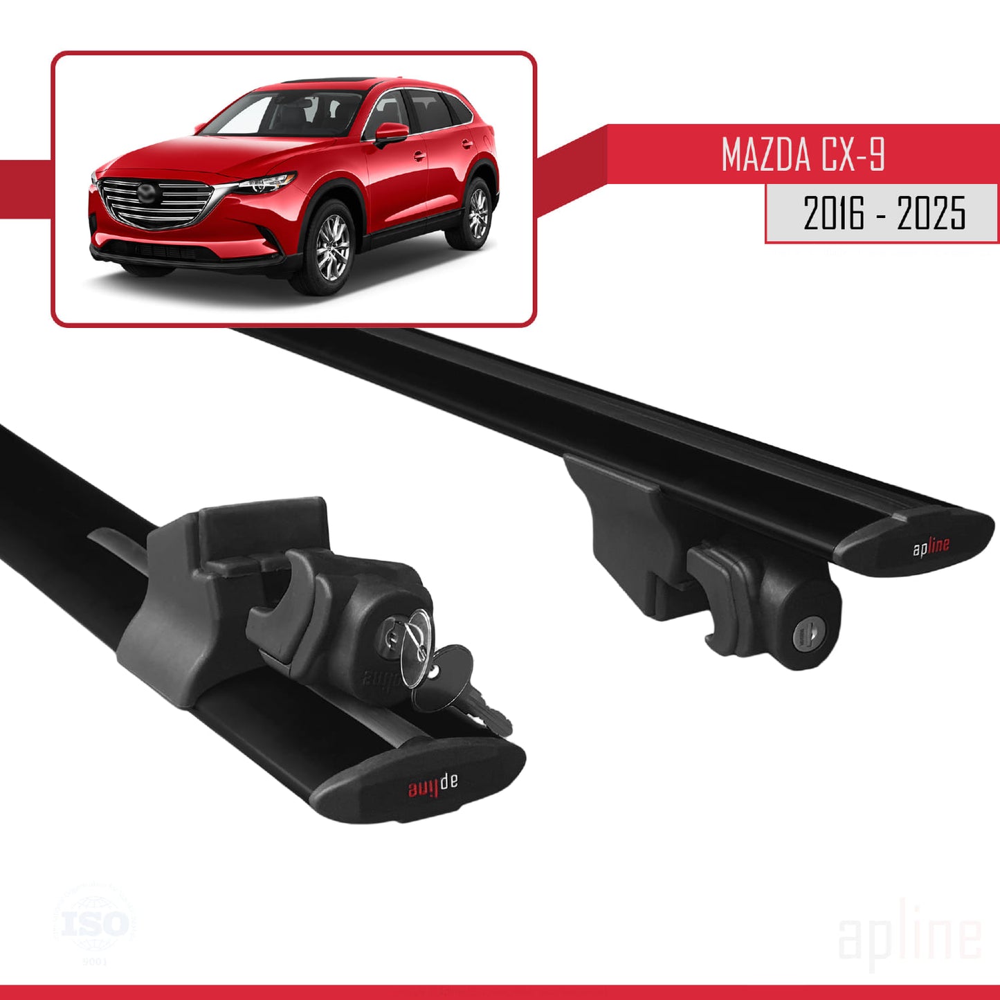 Compatible avec Mazda CX-9 II (TC) 2016-2025 HOOK Model Barres de Toit Railing Porte-Bagages de Voiture Noir Aluminium 2 Barres
