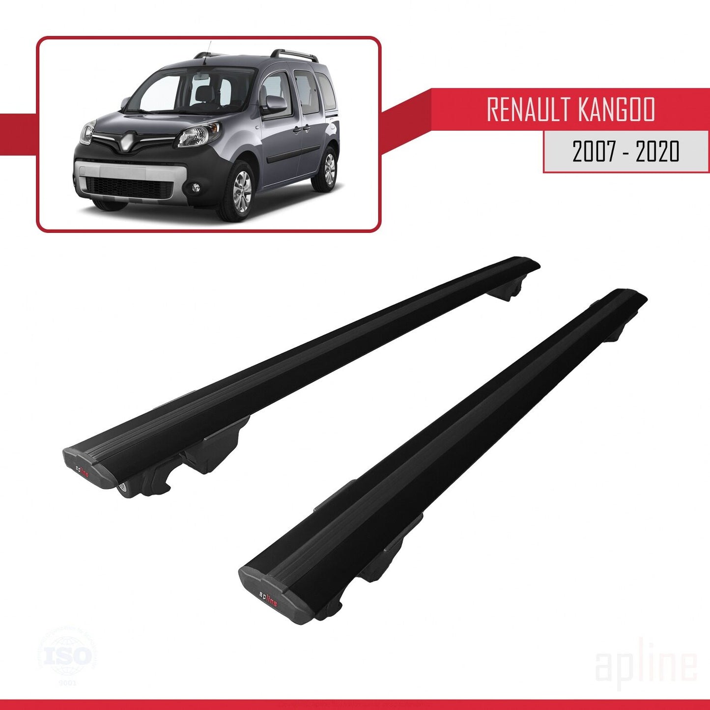 HOOK Model Dakdrager bagagedrager compatibel met Renault Kangoo 2 (X61) 2007-2020 Spoorstaven Zwart Aluminium 2 Staven