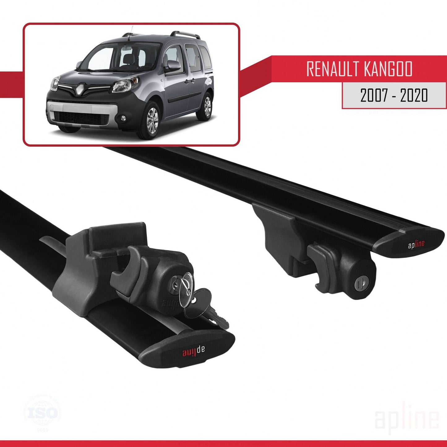 HOOK Model Dakdrager bagagedrager compatibel met Renault Kangoo 2 (X61) 2007-2020 Spoorstaven Zwart Aluminium 2 Staven