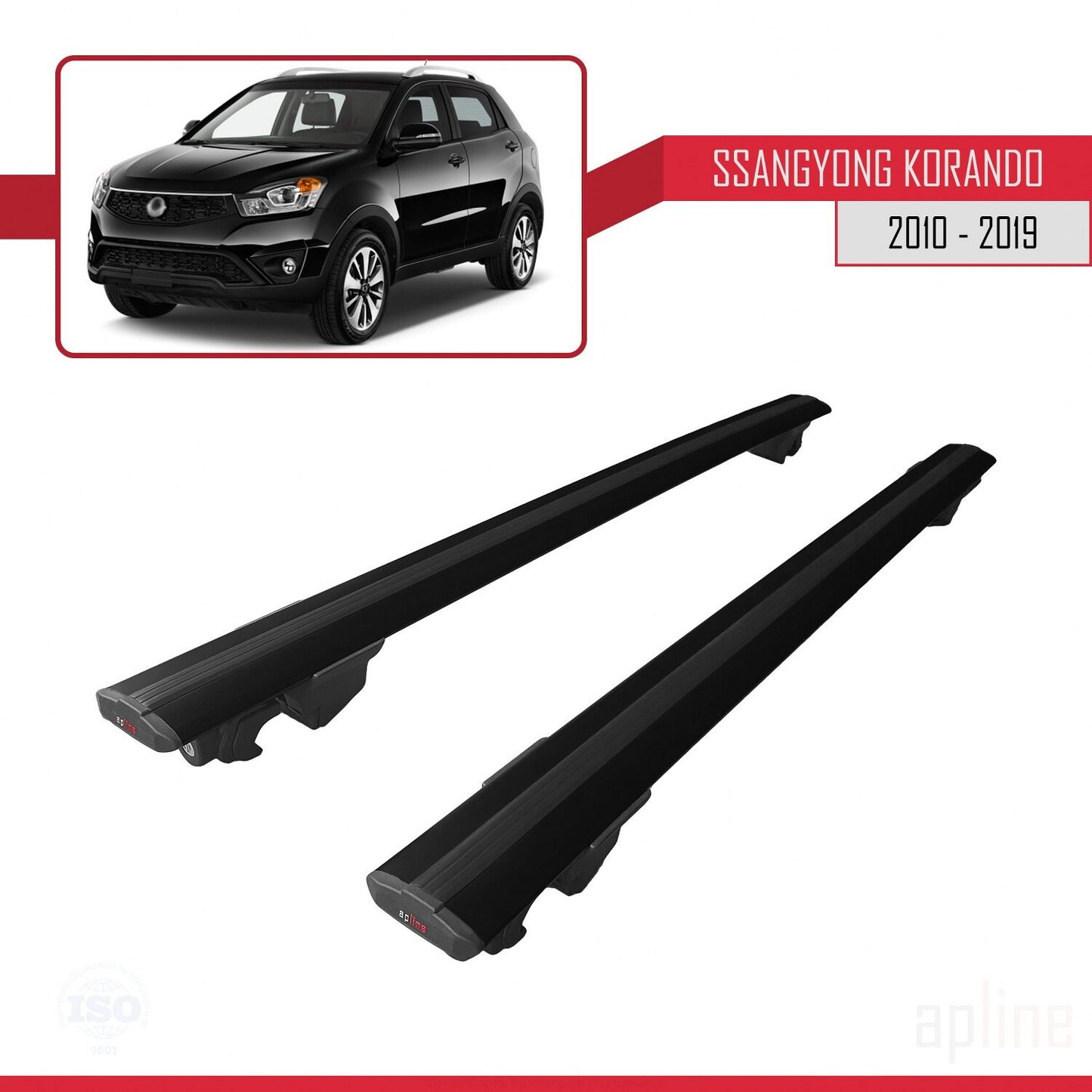 HOOK Model Dakdrager bagagedrager compatibel met Ssangyong Korando 3 (C200) 2010-2019 Spoorstaven Zwart Aluminium 2 Staven