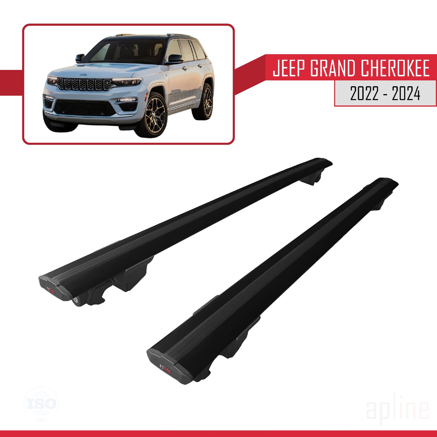 Compatible avec Jeep Grand Cherokee 2022-2024 HOOK Model Barres de Toit Railing Porte-Bagages de Voiture Noir Aluminium 2 Barres