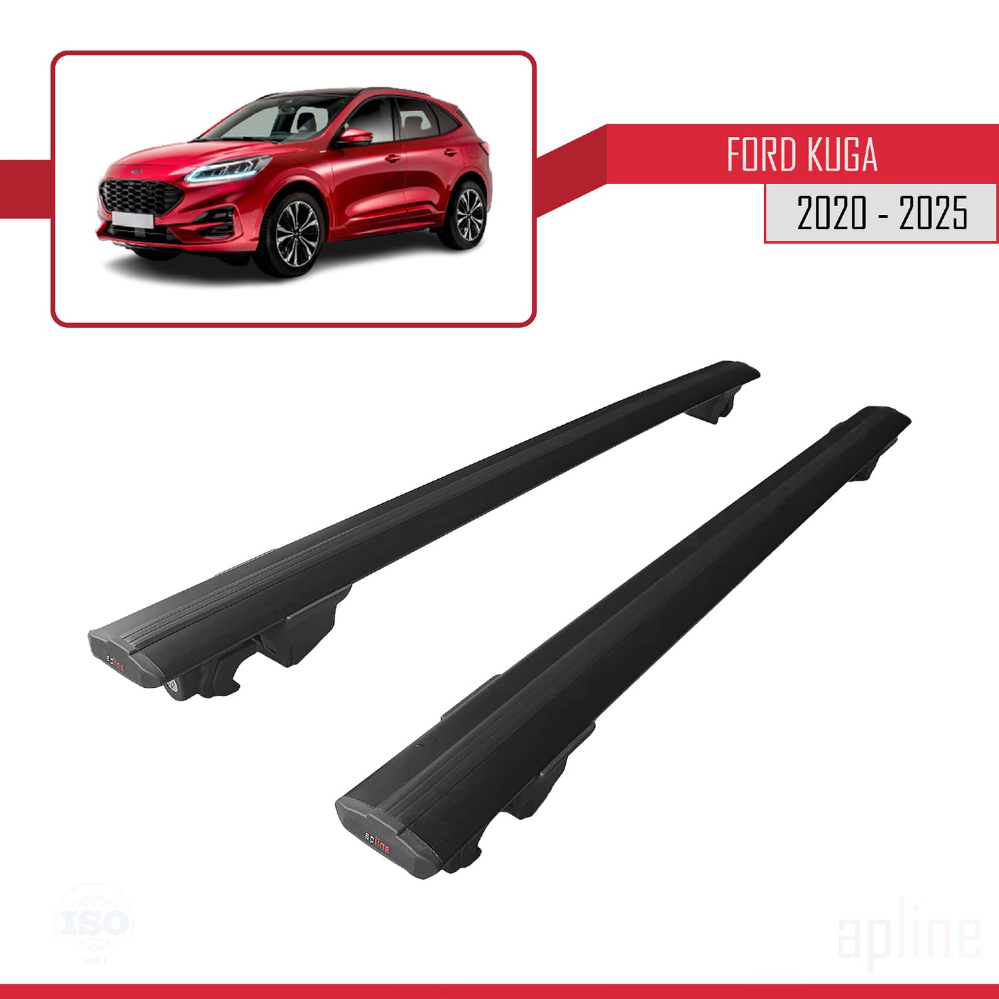 Compatible avec Ford Kuga 3 (CX482) 2020-2024 HOOK Model Barres de Toit Railing Porte-Bagages de Voiture Noir Aluminium 2 Barres