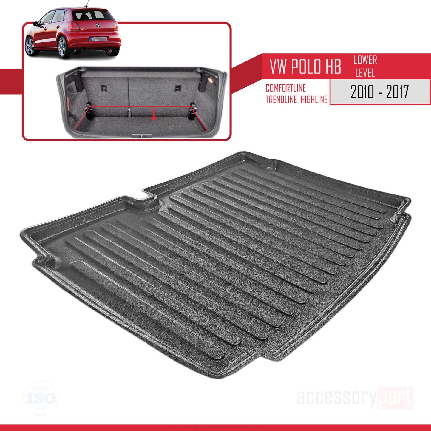 Compatible avec Volkswagen Polo 6 (Tline-Cline-Hline) 2010-2017 Flexible Tapis de Coffre Plancher de Chargement Inférieur Noir