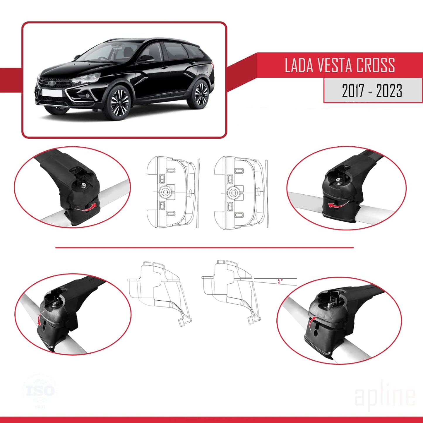 ACE-2 Dakdrager bagagedrager compatibel met Lada Vesta/Cross SW 2017-2023 Spoorstaven Zwart Aluminium 2 Staven