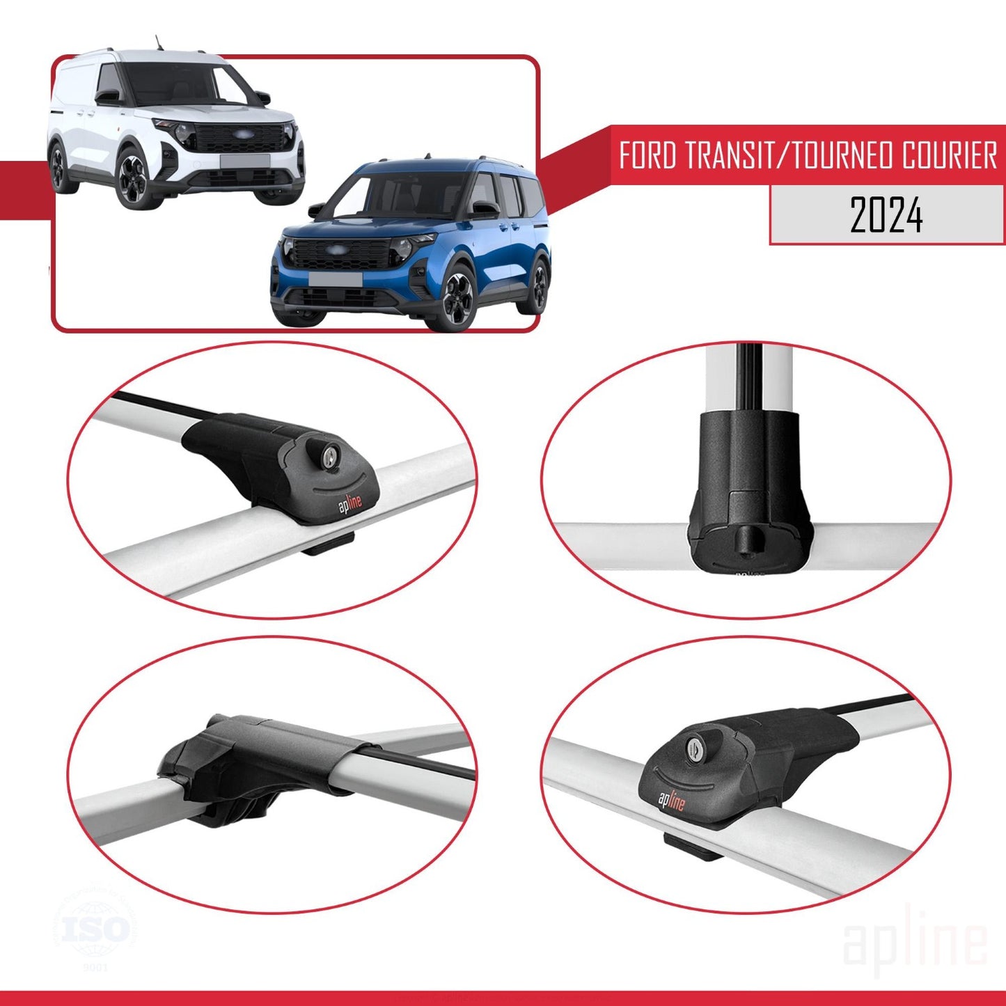 Compatible with Ford Transit / Tourneo Courier 2024-2025 ACE-1 Car Roof Rack Cross Bar Grey Aluminium 2 Bars