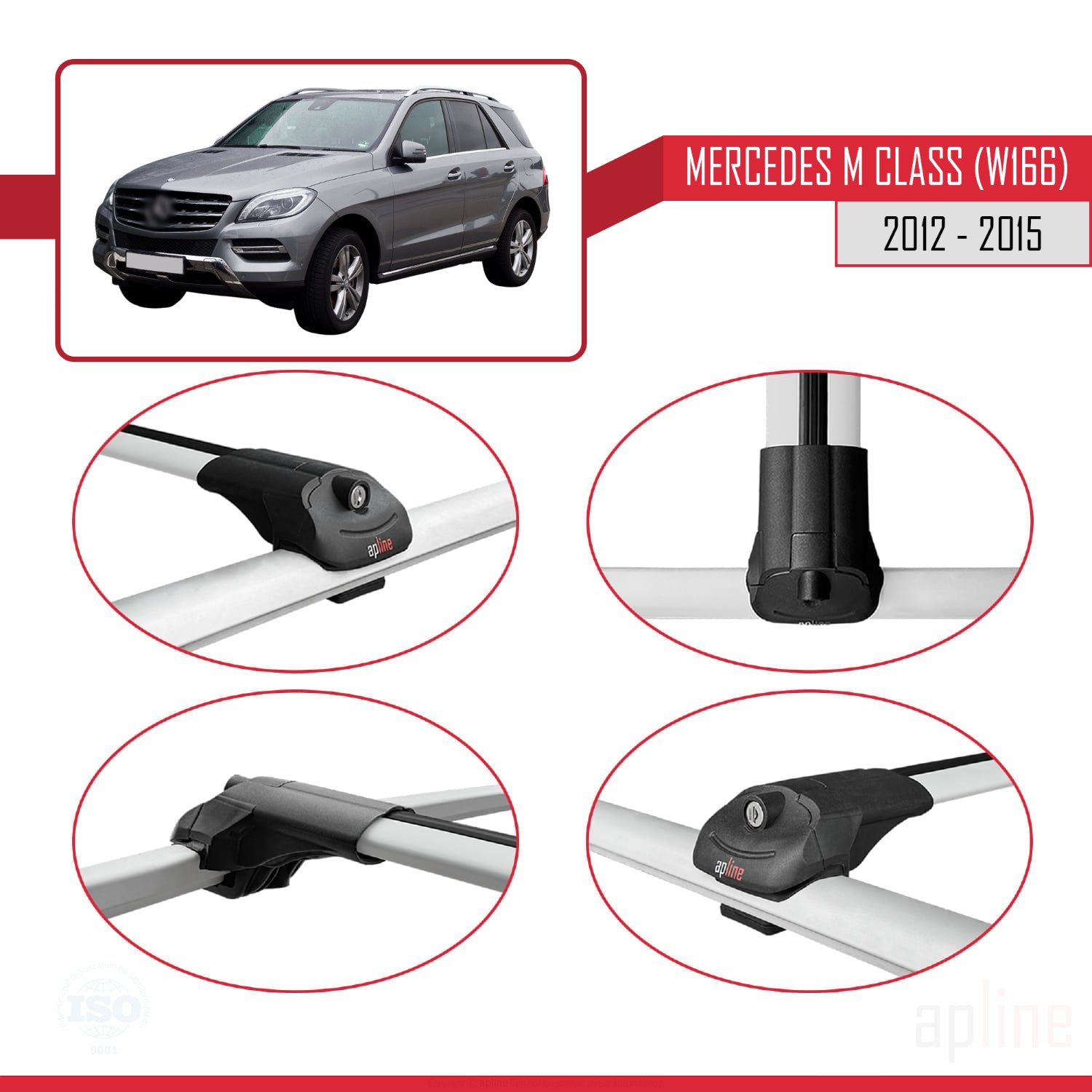 Compatible avec Mercedes M Class 3 (W166) Pre-Facelift 2012-2015 ACE-1 Barres de Toit Railing Porte-Bagages de Voiture Gris Aluminium 3 Barres