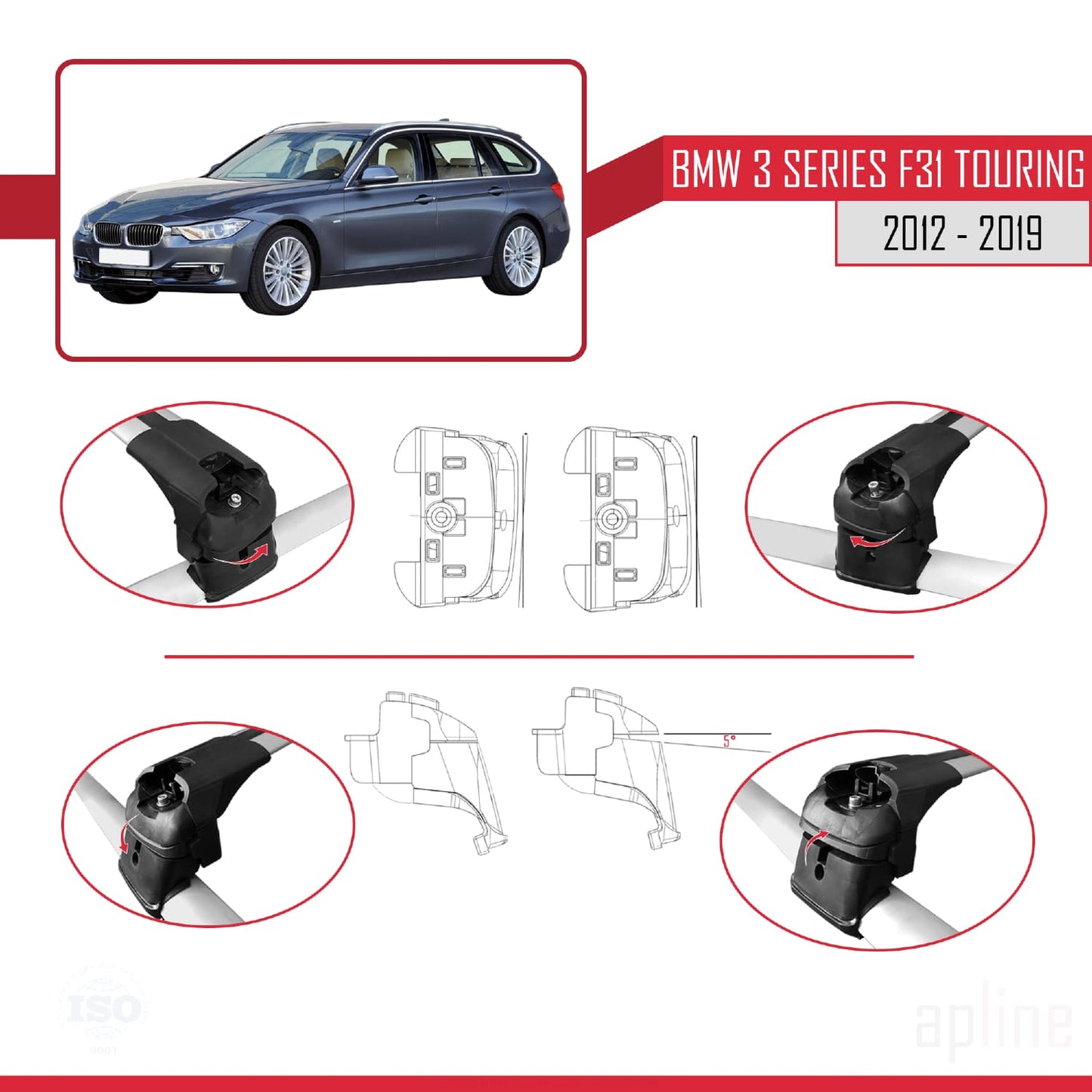 Compatible avec BMW Série 3 (F31) Touring 2012-2019 ACE-2 Barres de Toit Railing Porte-Bagages de Voiture Gris Aluminium 2 Barres