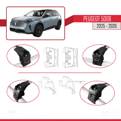 Compatible with Peugeot 5008 2025-2026 ACE-2 Car Roof Rack Cross Bar Grey Aluminium 2 Bars