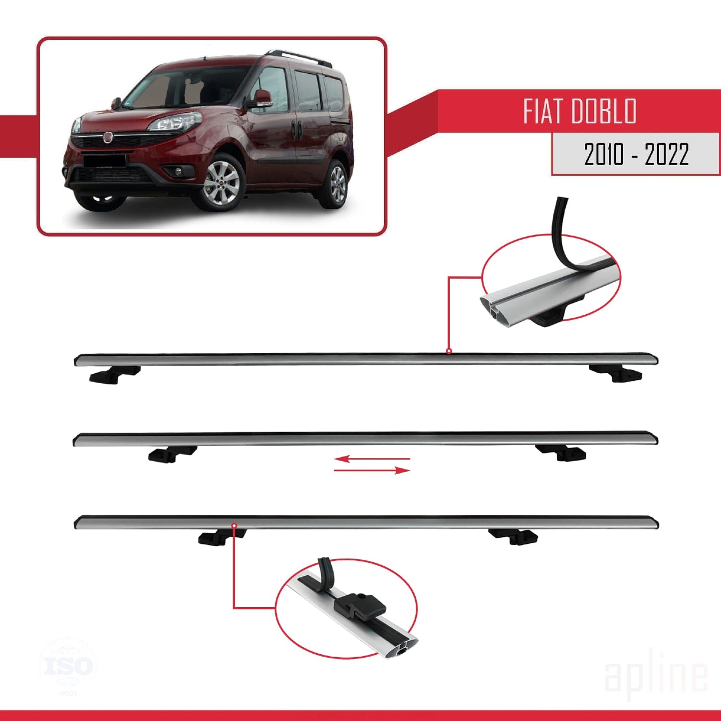 Compatible avec Fiat Doblo 2 2010-2022 BASIC Model Barres de Toit Railing Porte-Bagages de Voiture Gris Aluminium 2 Barres