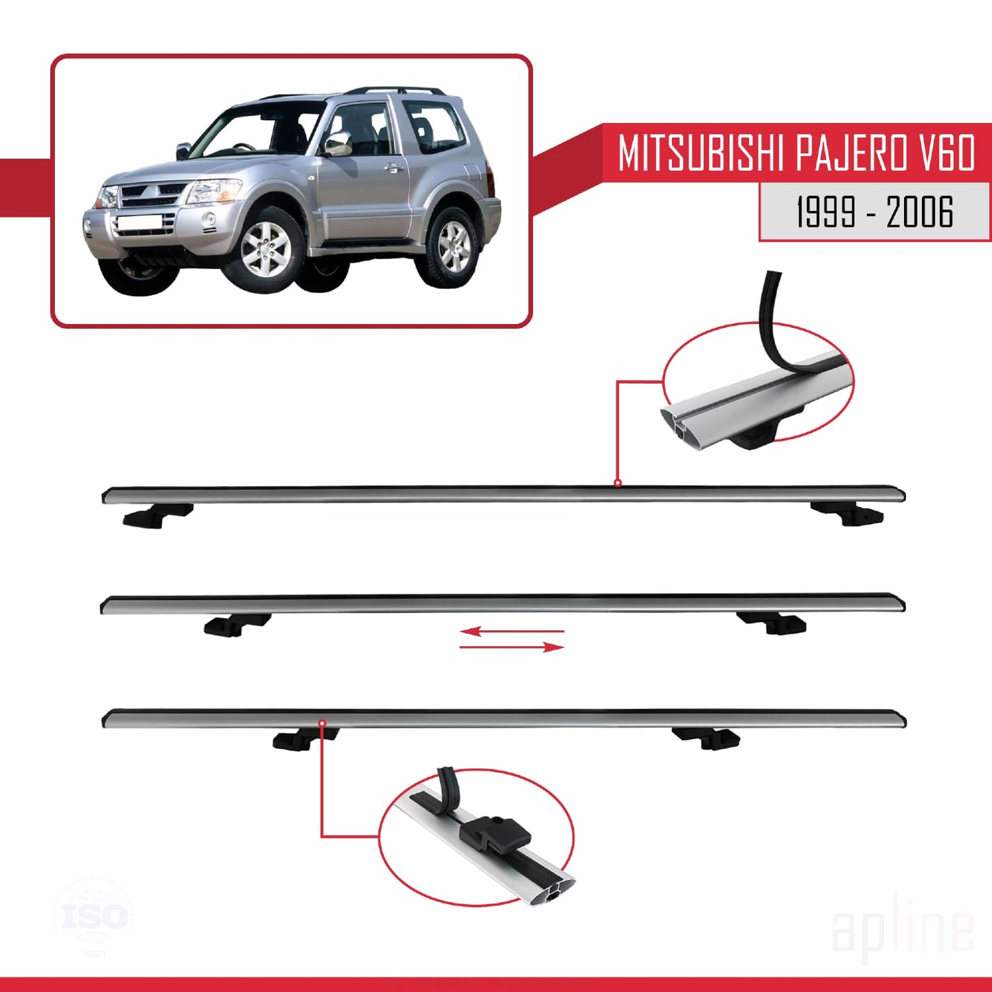 Compatible avec Mitsubishi Pajero (V60) 3 Kapı 1999-2006 BASIC Model Barres de Toit Railing Porte-Bagages de Voiture Gris Aluminium 3 Barres