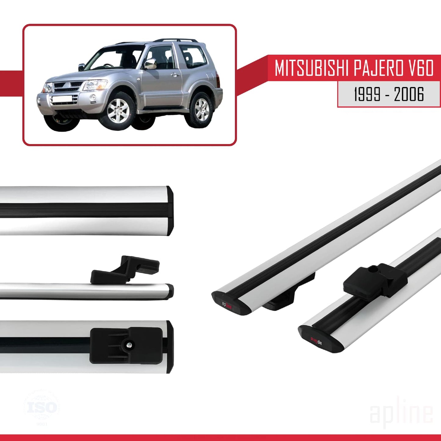 Compatible avec Mitsubishi Pajero (V60) 3 Kapı 1999-2006 BASIC Model Barres de Toit Railing Porte-Bagages de Voiture Gris Aluminium 2 Barres