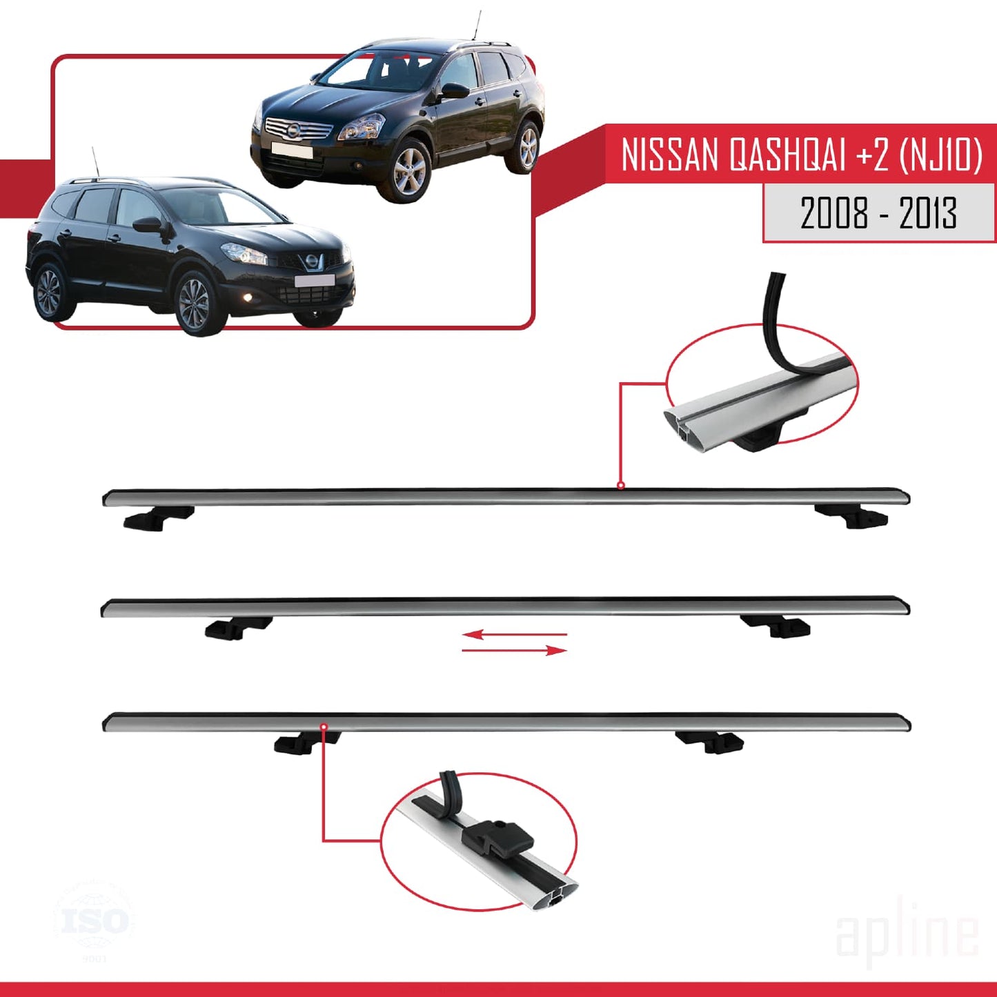 Compatible avec Nissan Qashqai +2 (NJ10) 2008-2013 BASIC Model Barres de Toit Railing Porte-Bagages de Voiture Gris Aluminium 2 Barres