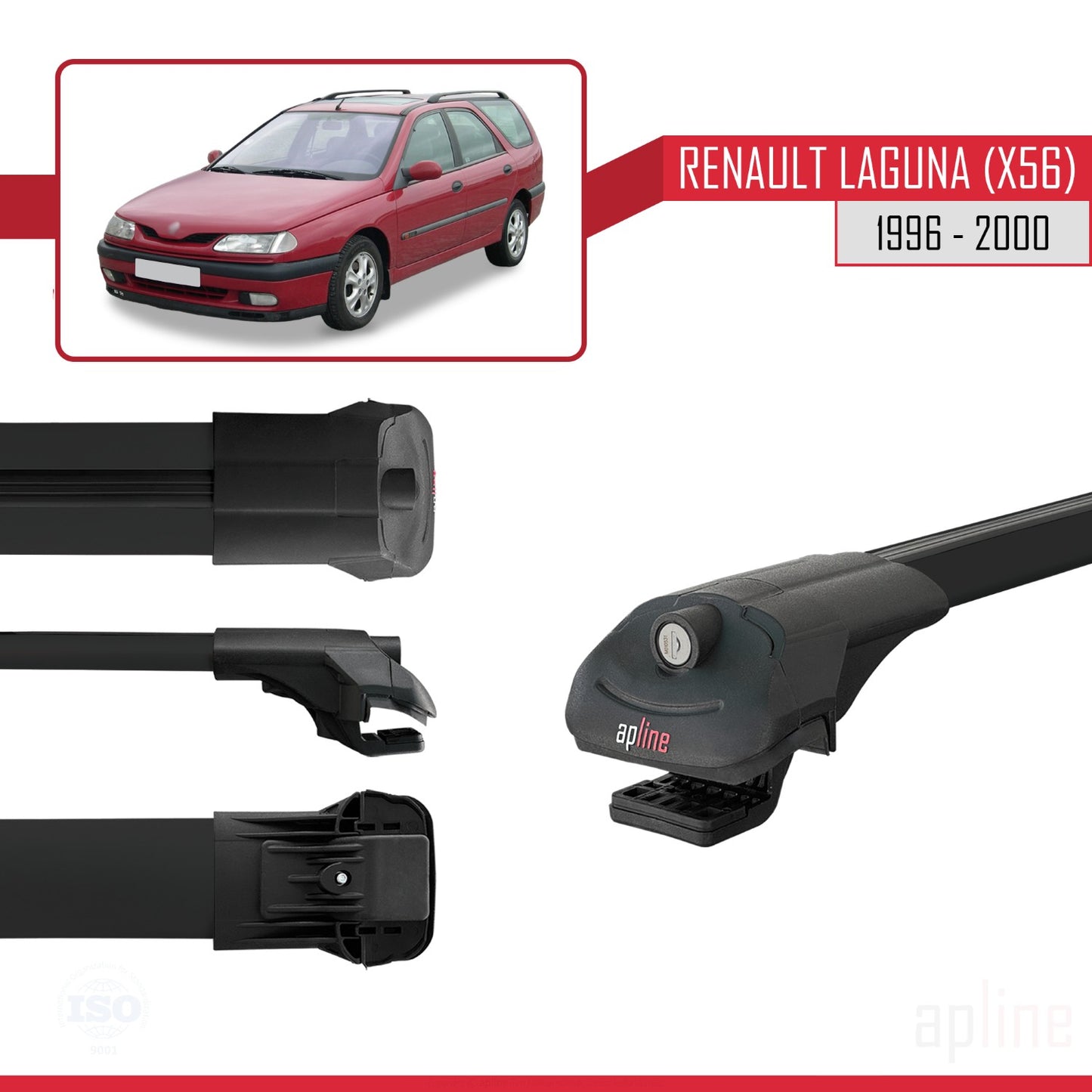 Compatible avec Renault Laguna (X56) 1996-200 ACE-1 Barres de Toit Railing Porte-Bagages de Voiture Noir Aluminium 2 Barres