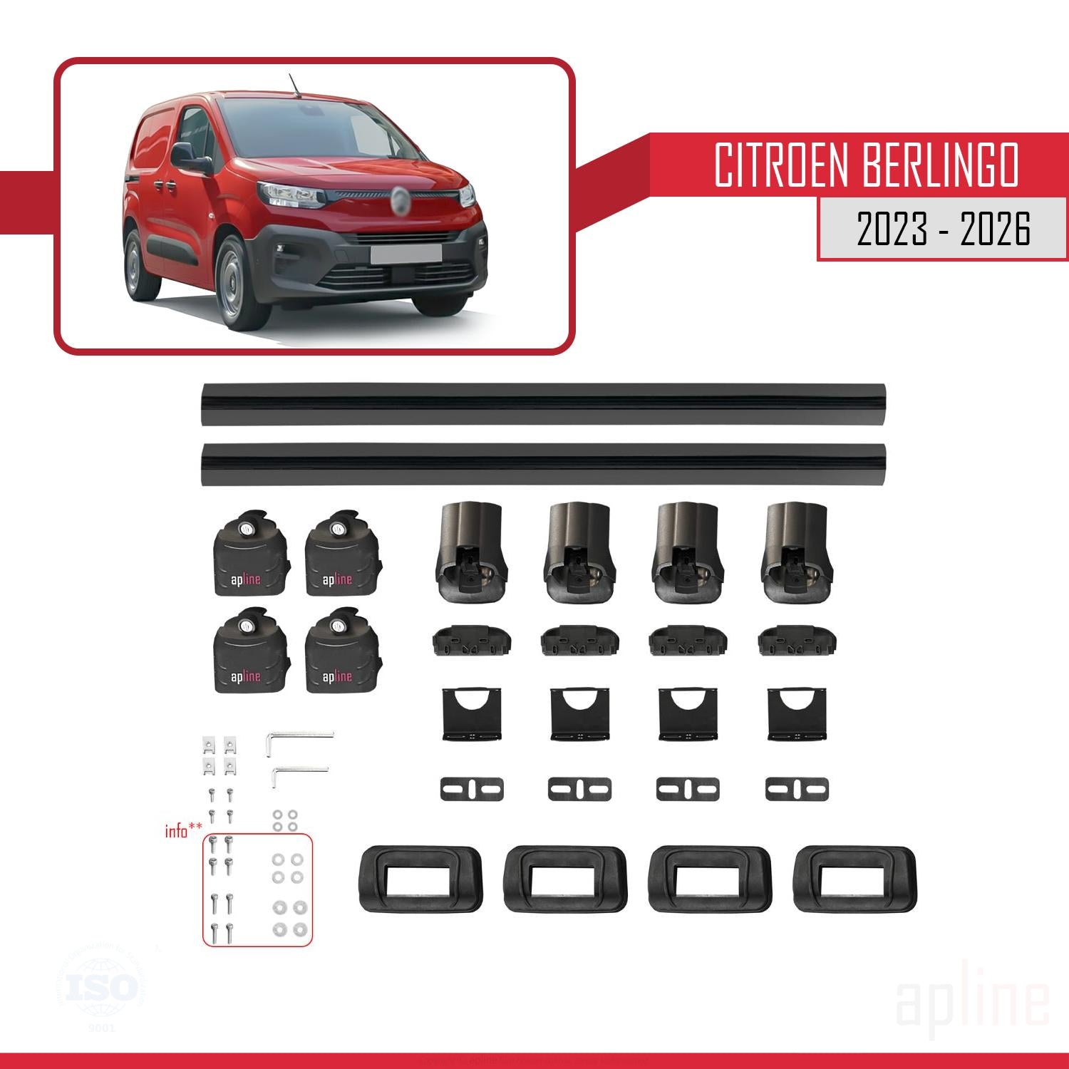 Compatible avec Citroen Berlingo 2023-2026 ACE-3 Barres de Toit Railing Porte-Bagages de Voiture Noir Aluminium 2 Barres