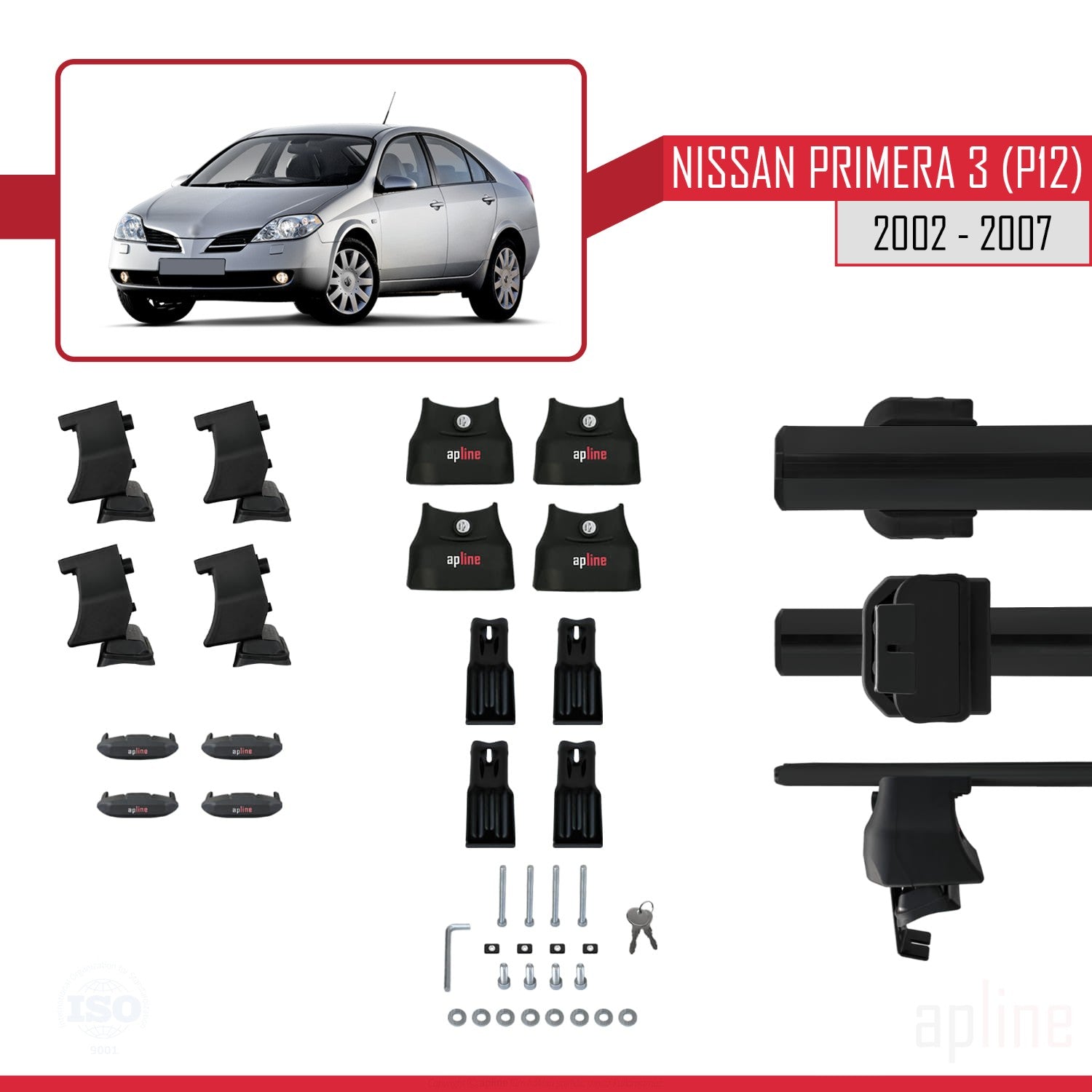 Compatible avec Nissan Primera 3 (P12) 2002-2007 ACE-4 Barres de Toit Railing Porte-Bagages de Voiture Noir Aluminium 2 Barres