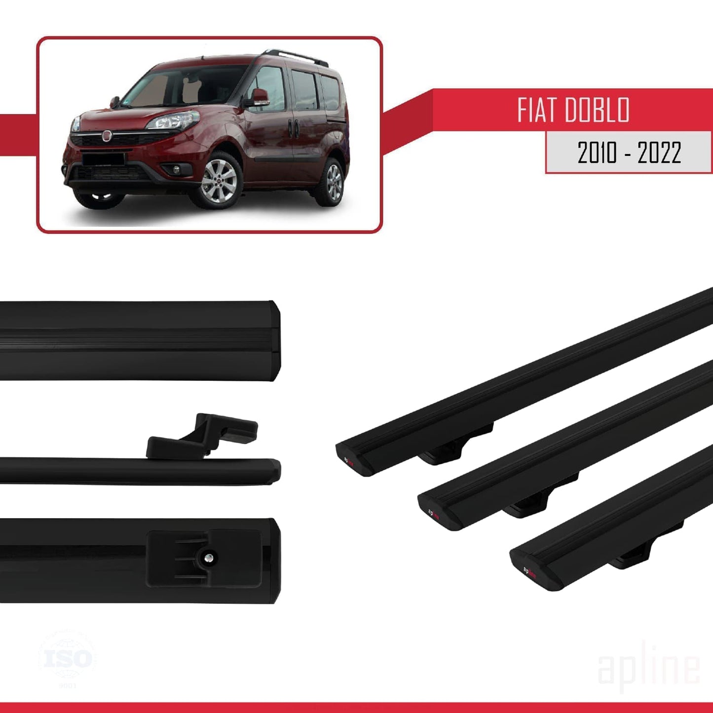 Compatible avec Fiat Doblo 2 2010-2022 BASIC Model Barres de Toit Railing Porte-Bagages de Voiture Noir Aluminium 3 Barres