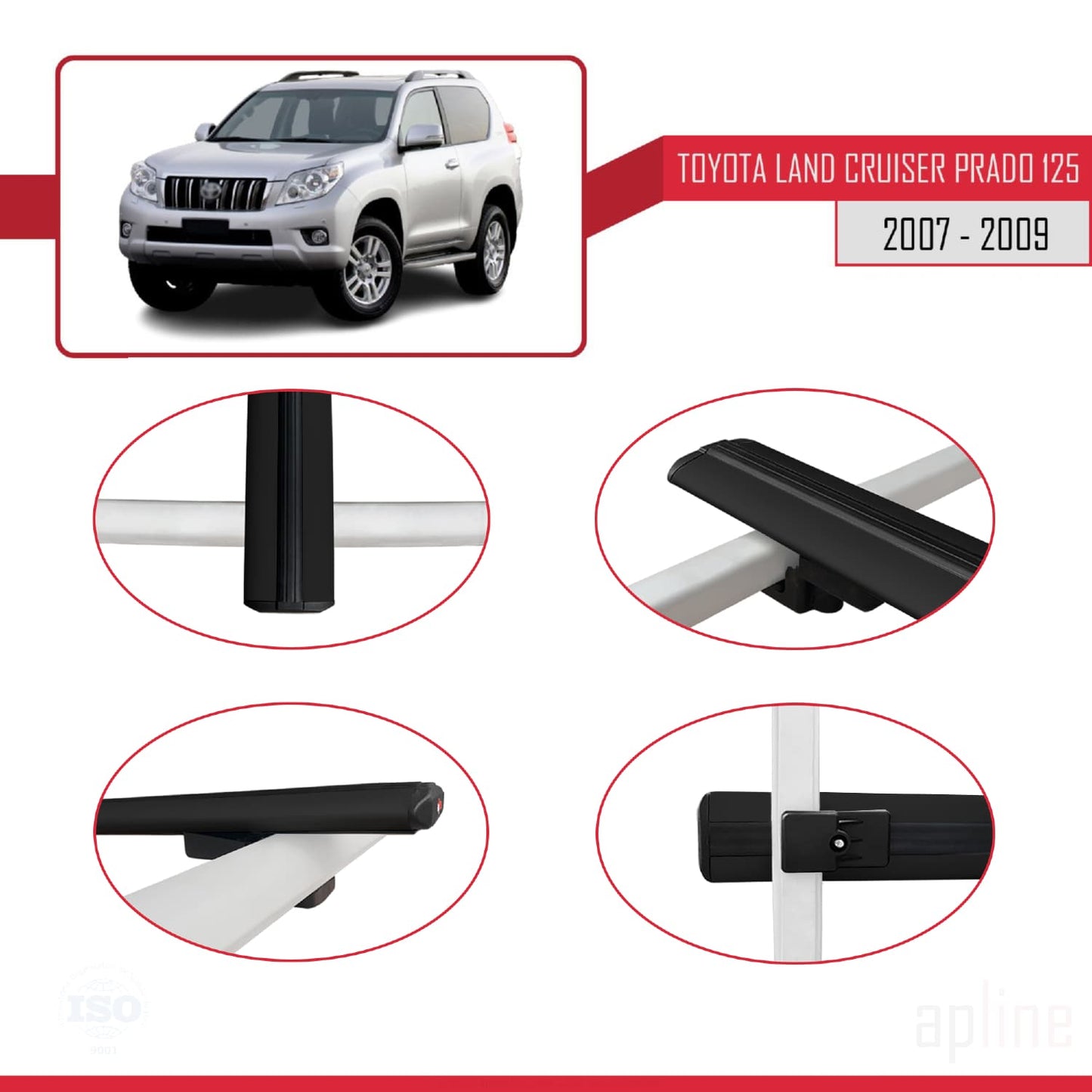 Compatible avec Toyota Land Cruiser Prado (J125) 2007-2009 BASIC Model Barres de Toit Railing Porte-Bagages de Voiture Noir Aluminium 3 Barres