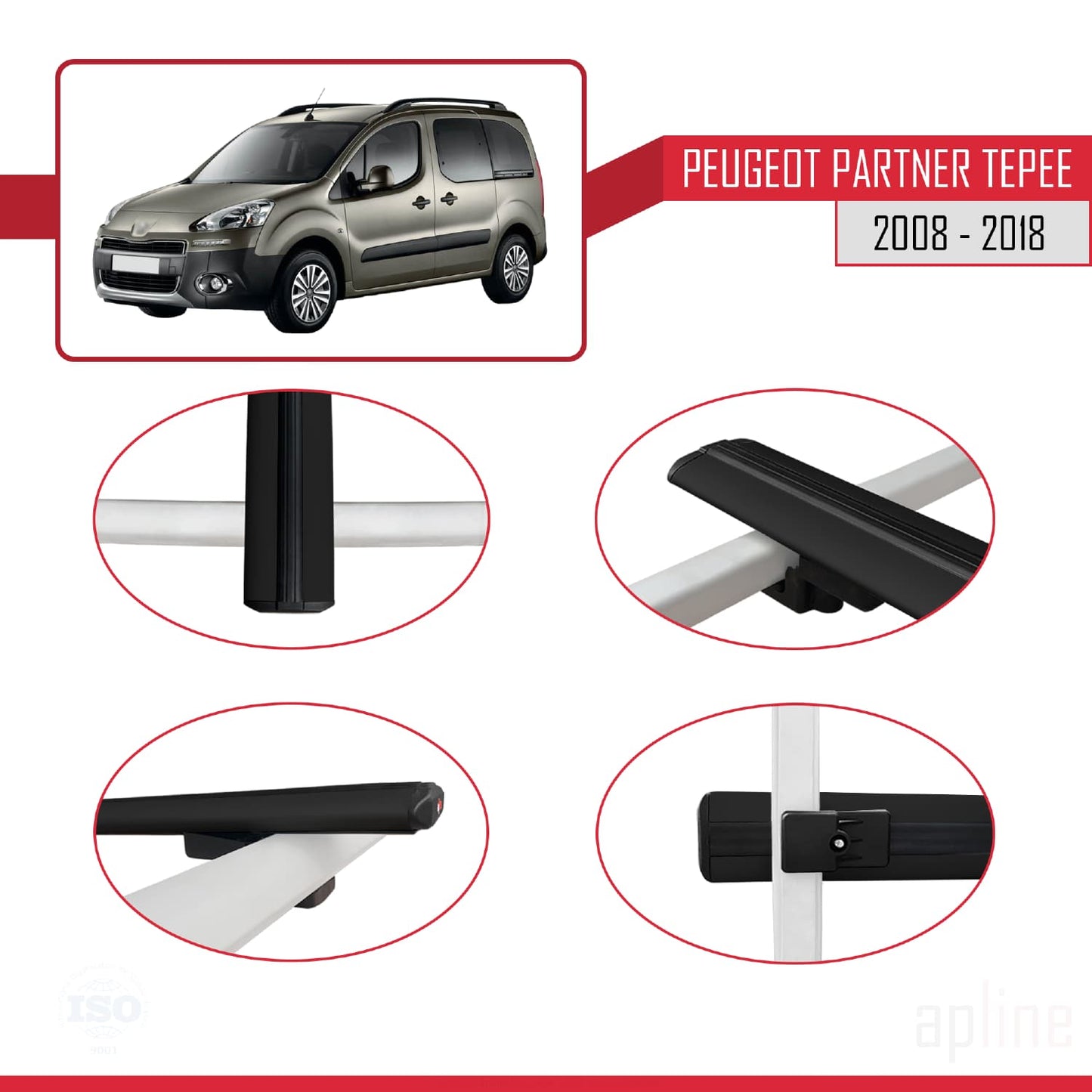 Compatible avec Peugeot Partner 2 Tepee 2008-2018 BASIC Model Barres de Toit Railing Porte-Bagages de Voiture Noir Aluminium 2 Barres