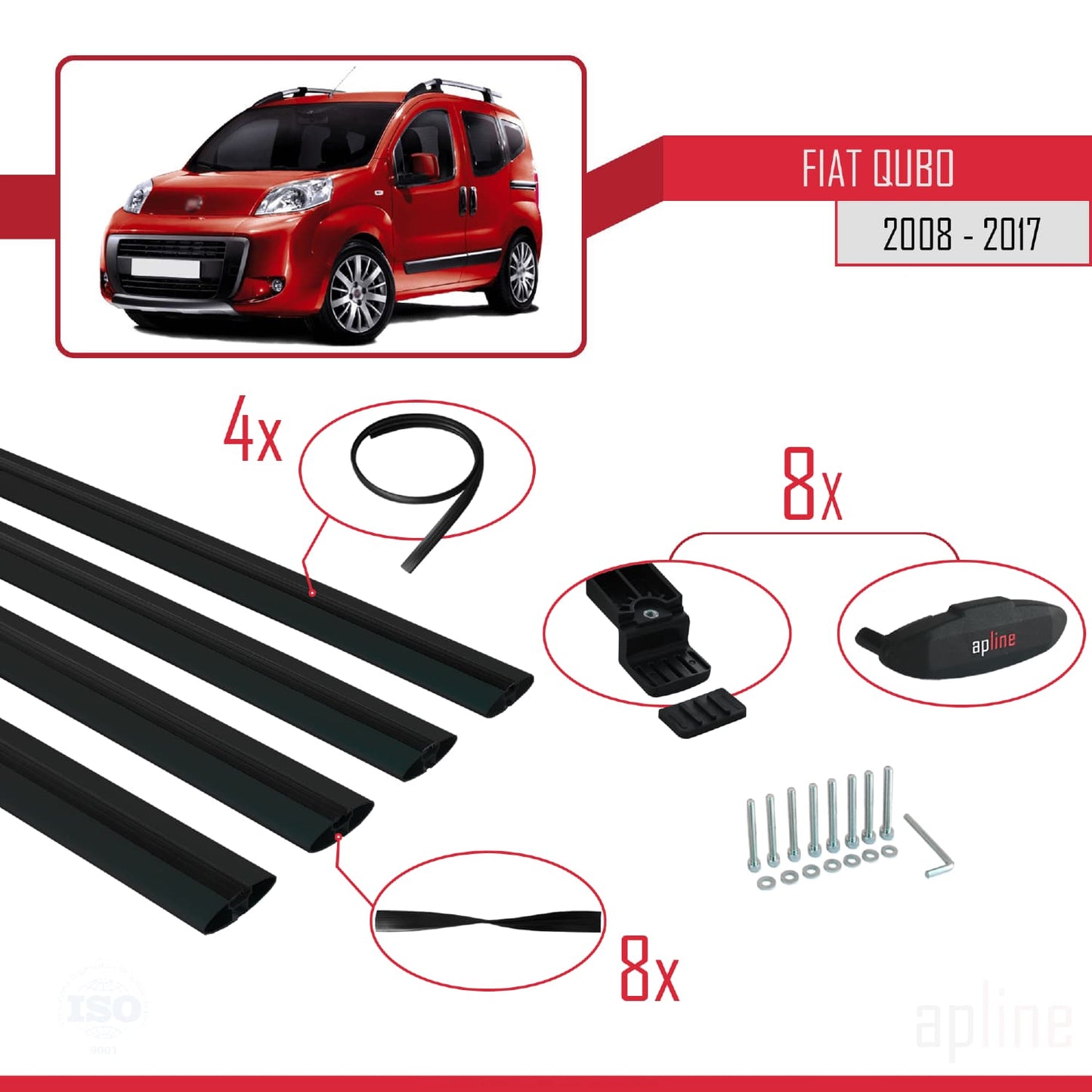 Compatible avec Fiat Qubo 2008-2017 BASIC Model Barres de Toit Railing Porte-Bagages de Voiture Noir Aluminium 4 Barres