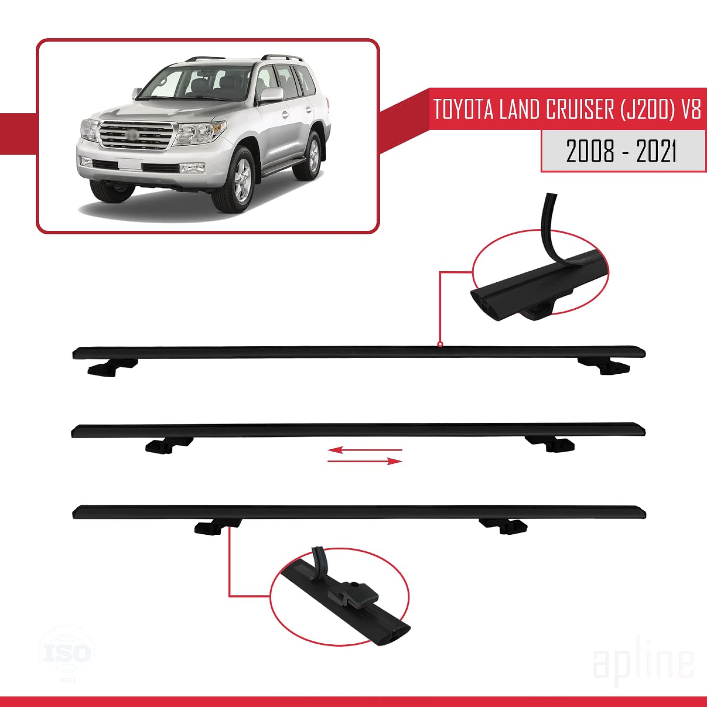 Compatible avec Toyota Land Cruiser V8 (J200) 2008-2021 BASIC Model Barres de Toit Railing Porte-Bagages de Voiture Noir Aluminium 2 Barres