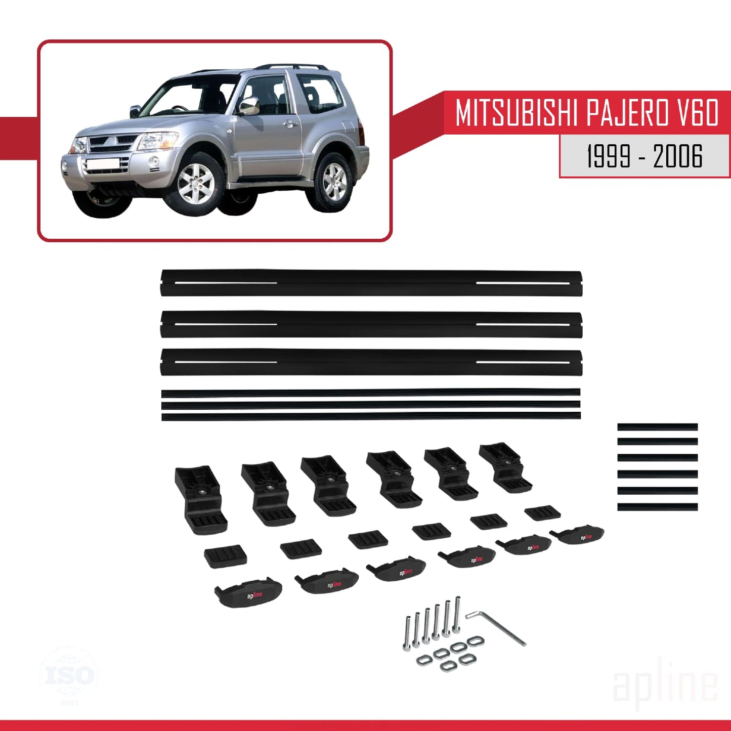 Compatible avec Mitsubishi Pajero (V60) 3 Kapı 1999-2006 BASIC Model Barres de Toit Railing Porte-Bagages de Voiture Noir Aluminium 3 Barres