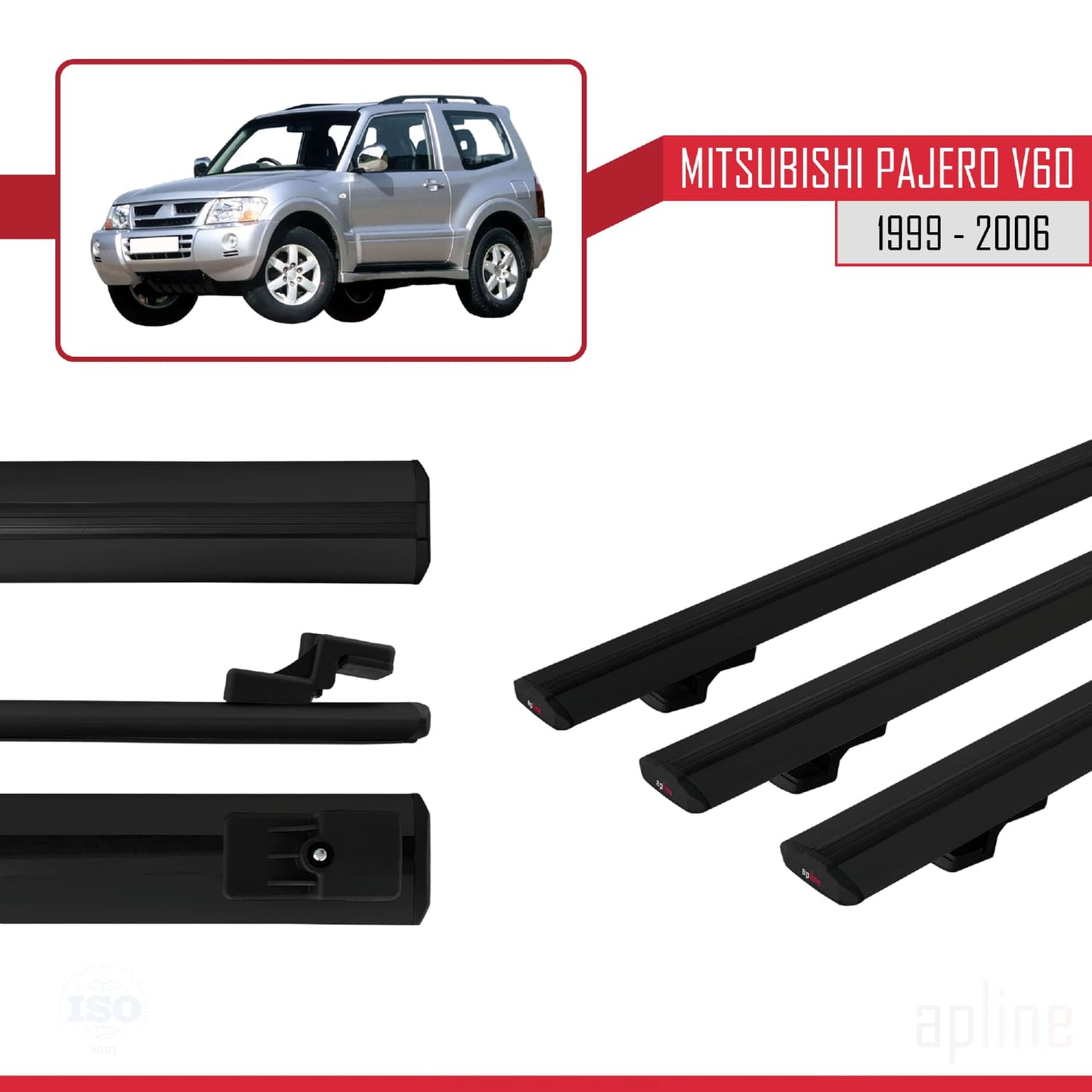 Compatible avec Mitsubishi Pajero (V60) 3 Kapı 1999-2006 BASIC Model Barres de Toit Railing Porte-Bagages de Voiture Noir Aluminium 3 Barres
