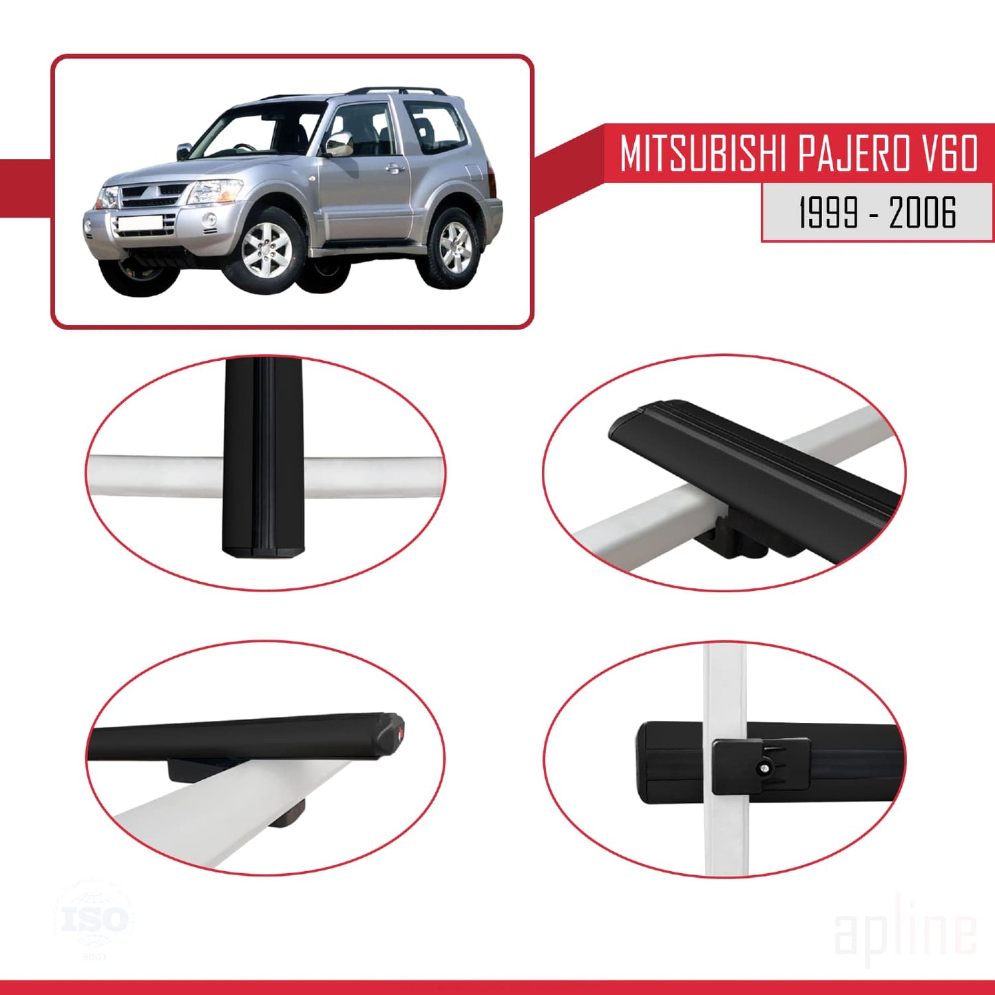 Compatible avec Mitsubishi Pajero (V60) 3 Kapı 1999-2006 BASIC Model Barres de Toit Railing Porte-Bagages de Voiture Noir Aluminium 2 Barres