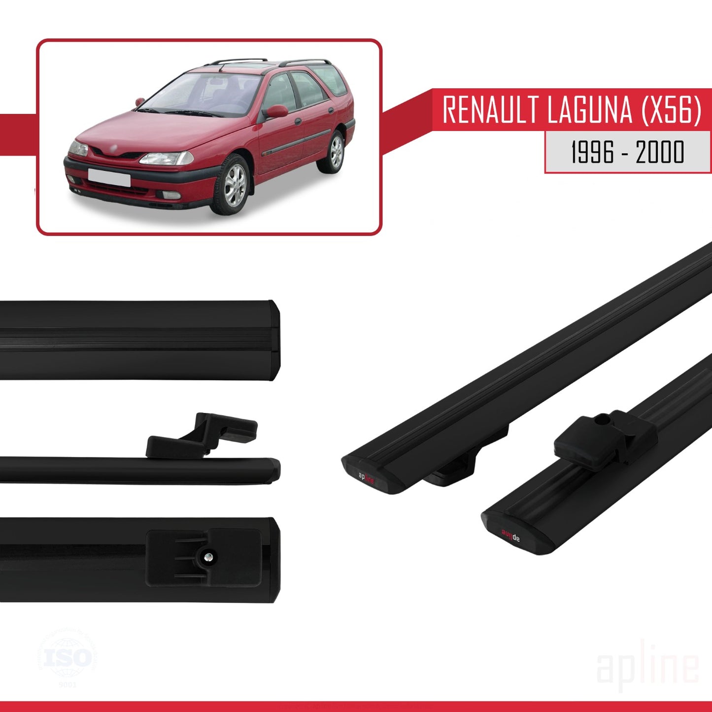 Compatible avec Renault Laguna (X56) 1996-200 BASIC Model Barres de Toit Railing Porte-Bagages de Voiture Noir Aluminium 2 Barres