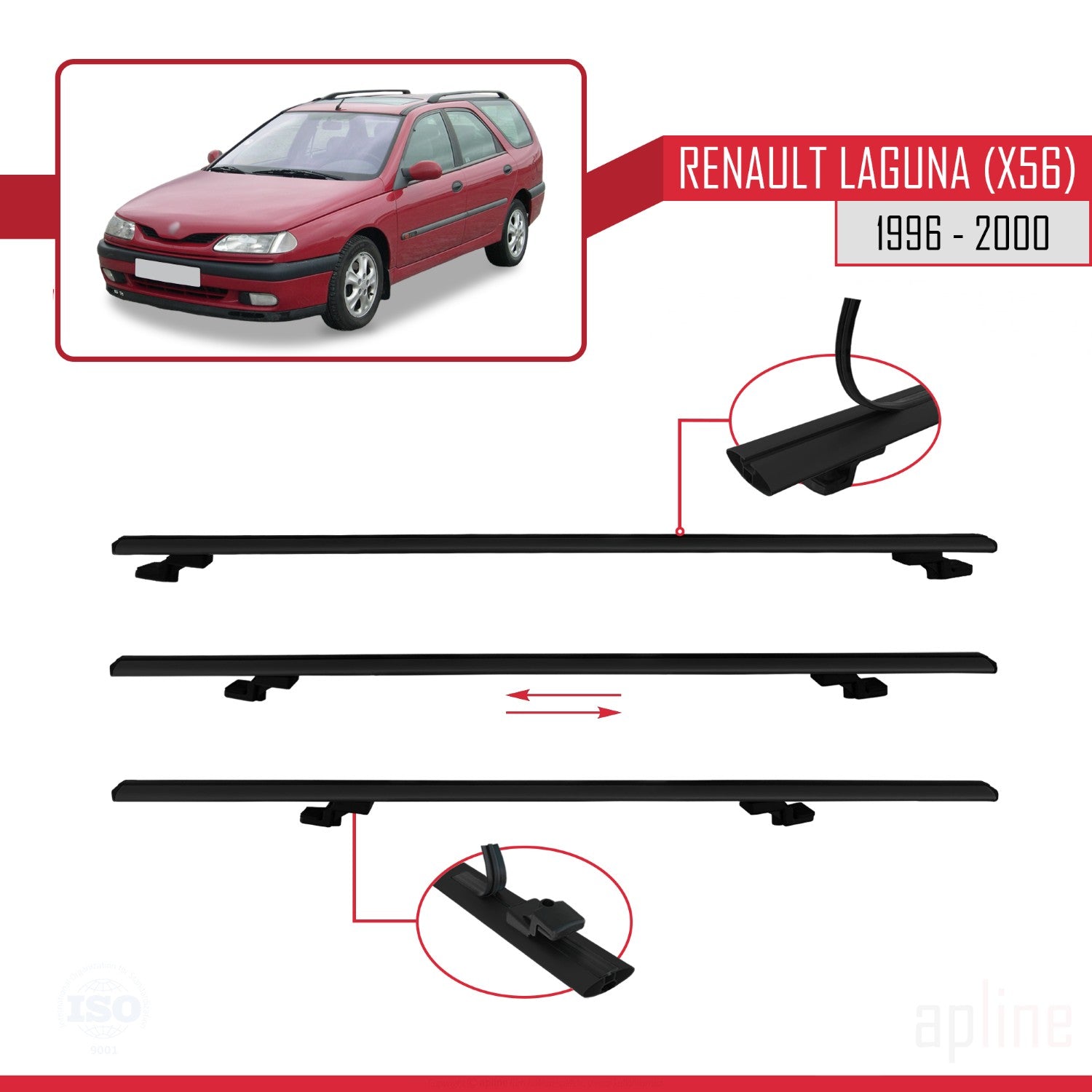 Compatible avec Renault Laguna (X56) 1996-200 BASIC Model Barres de Toit Railing Porte-Bagages de Voiture Noir Aluminium 2 Barres