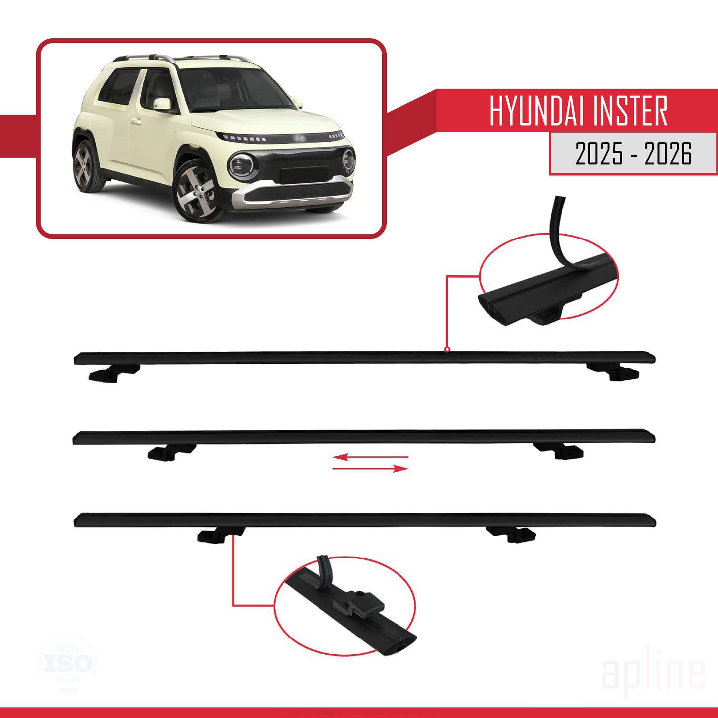 Compatible avec Hyundai Inster 2025-2026 BASIC Model Barres de Toit Railing Porte-Bagages de Voiture Noir Aluminium 2 Barres