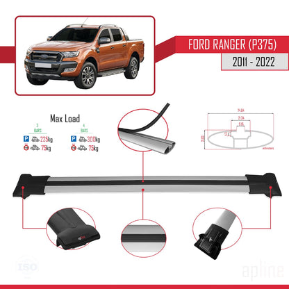 Compatible avec Ford Ranger (P375) 2011-2022 FLY Model Barres de Toit Railing Porte-Bagages de Voiture Gris Aluminium 3 Barres