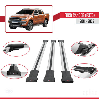 Compatible avec Ford Ranger (P375) 2011-2022 FLY Model Barres de Toit Railing Porte-Bagages de Voiture Gris Aluminium 3 Barres