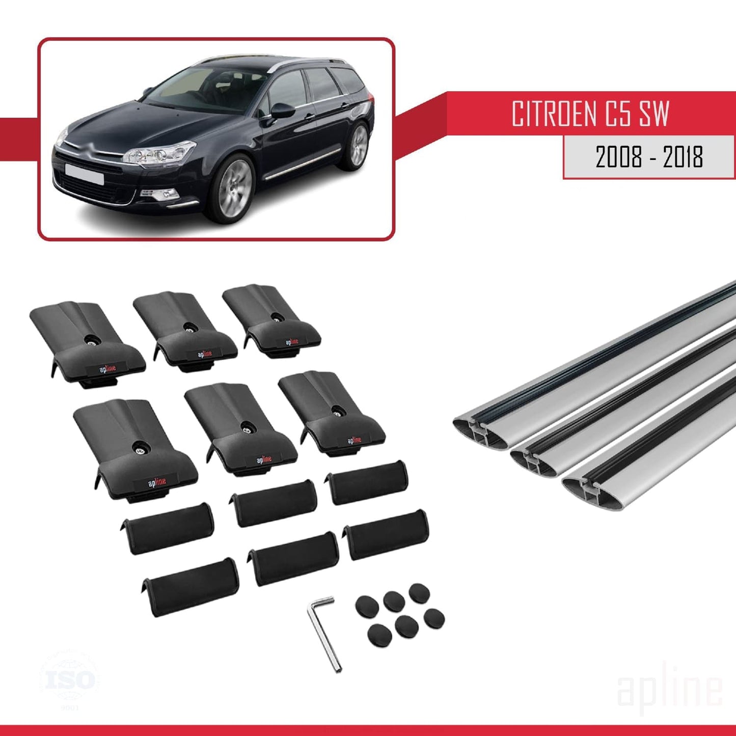 Compatible avec Citroen C5 II Tourer 2008-2018 FLY Model Barres de Toit Railing Porte-Bagages de Voiture Gris Aluminium 3 Barres