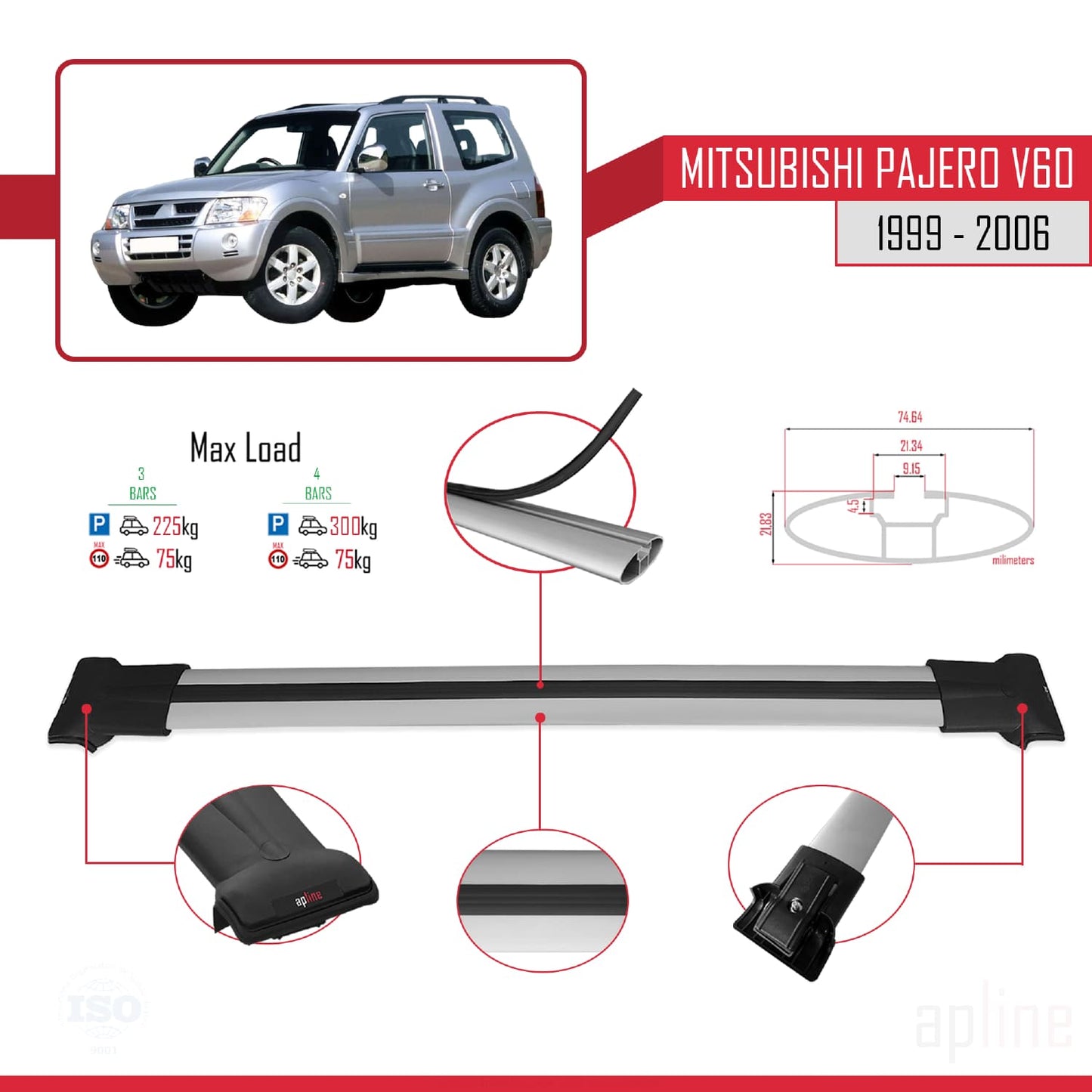 Compatible with Mitsubishi Pajero (V60) 3 Kapı 1999-2006 FLY Model Car Roof Rack Cross Bar Grey Aluminium 3 Bars
