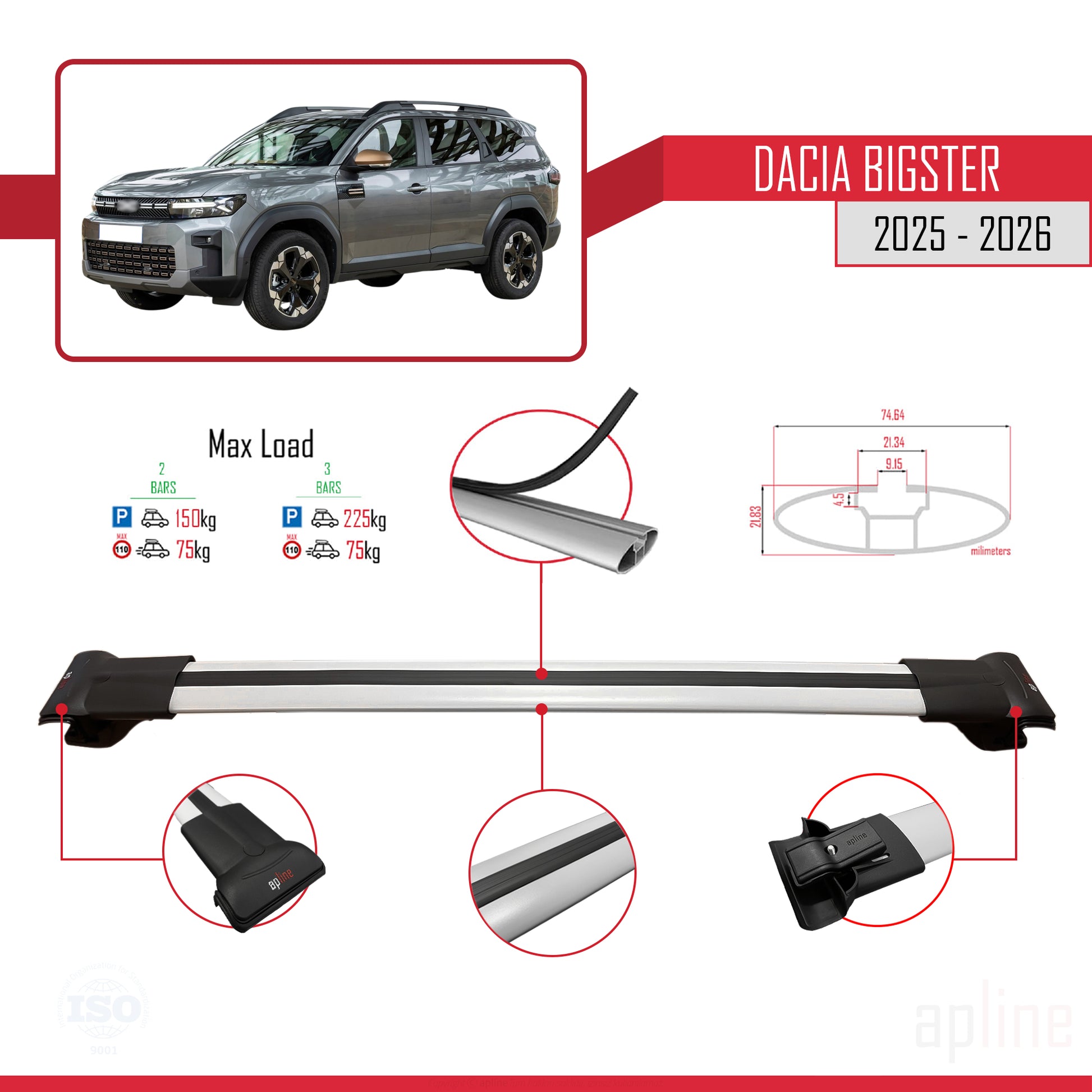 Compatible avec Dacia Bigster 2025-2026 FLY Model Barres de Toit Railing Porte-Bagages de Voiture Gris Aluminium 3 Barres