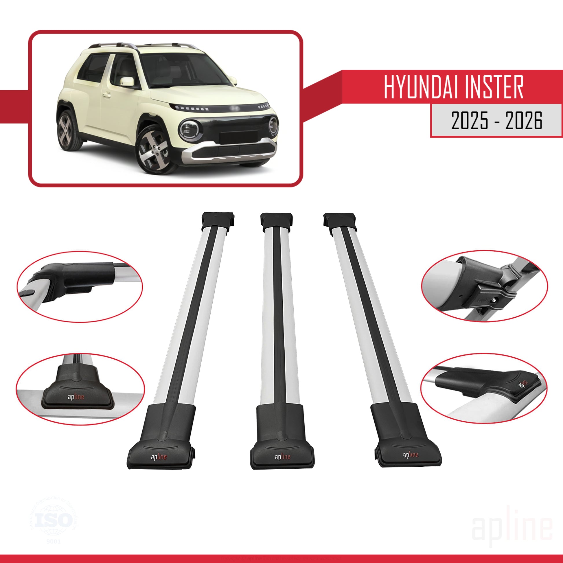 Compatible avec Hyundai Inster 2025-2026 FLY Model Barres de Toit Railing Porte-Bagages de Voiture Gris Aluminium 3 Barres