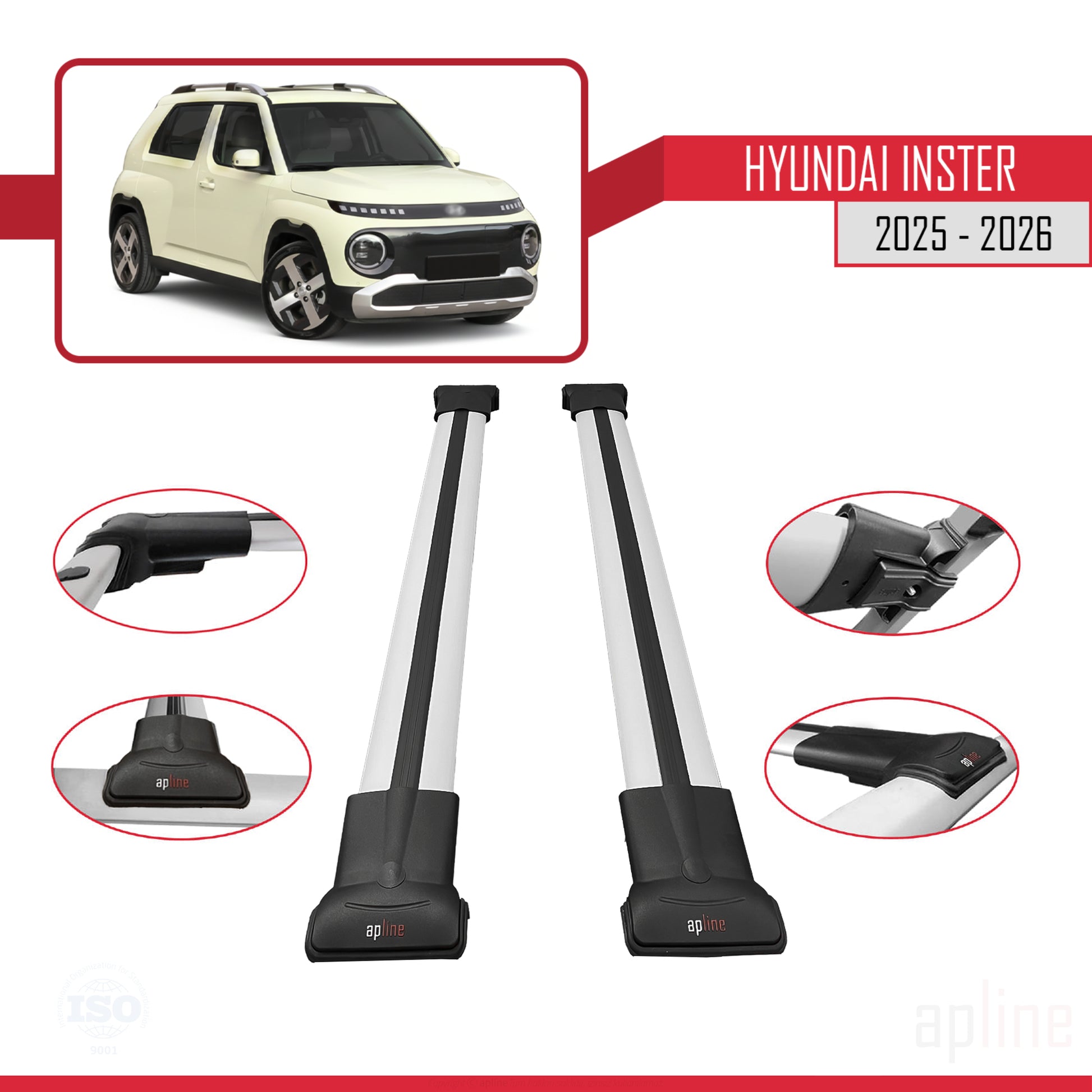 Compatible avec Hyundai Inster 2025-2026 FLY Model Barres de Toit Railing Porte-Bagages de Voiture Gris Aluminium 2 Barres