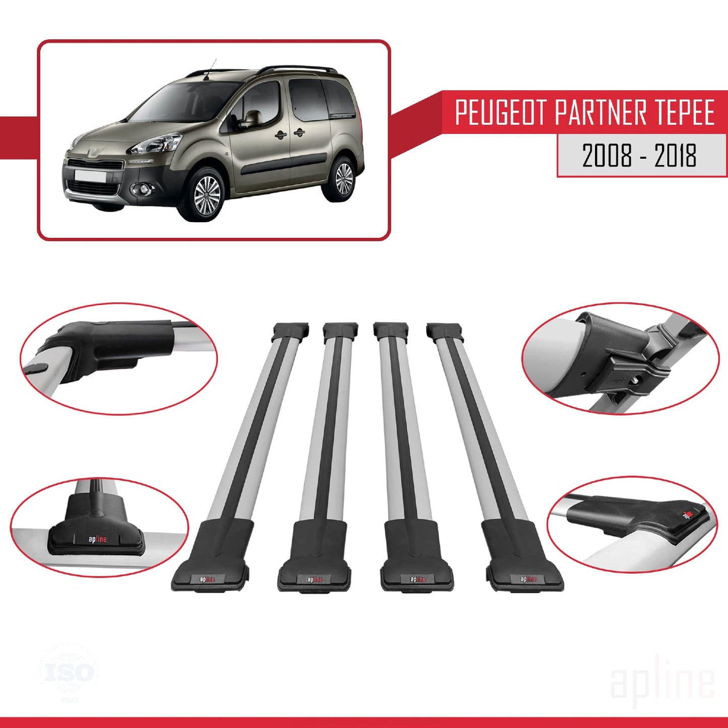 Compatible with Peugeot Partner 2 Tepee 2008-2018 FLY Model Car Roof Rack Cross Bar Grey Aluminium 4 Bars