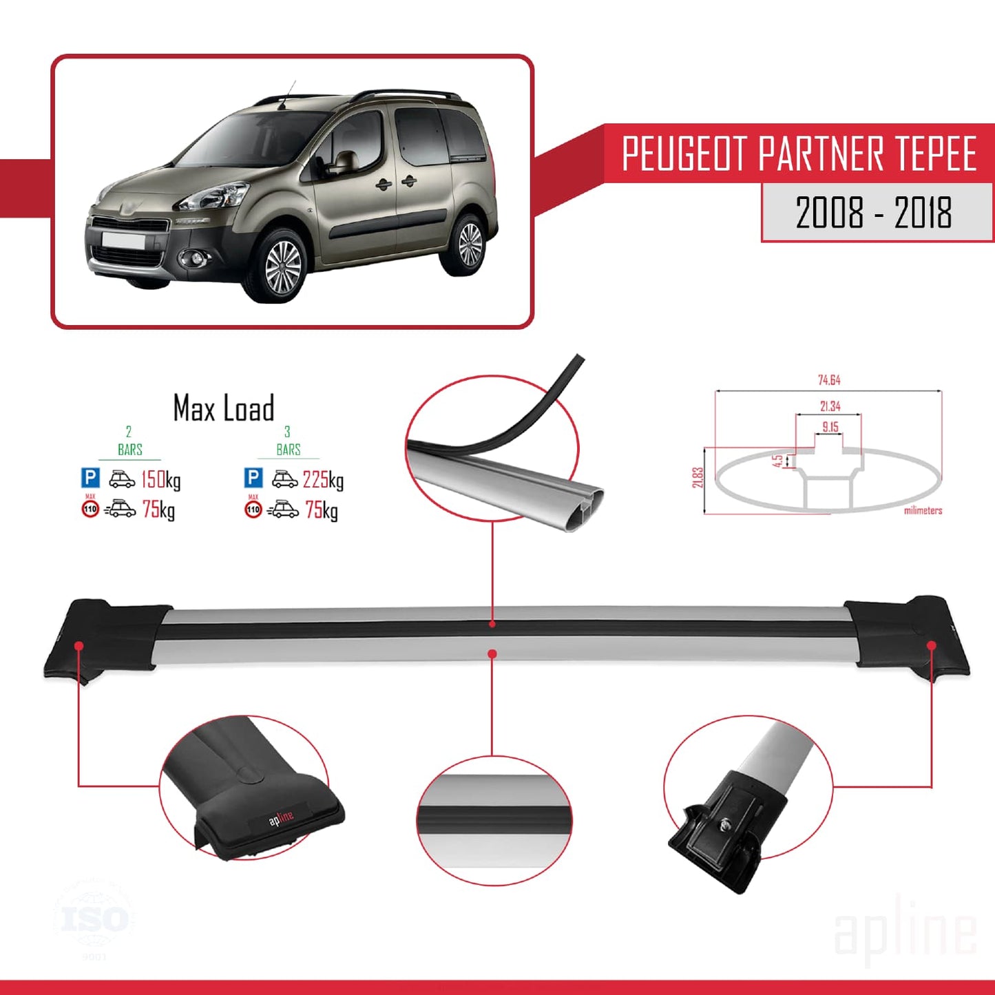Compatible with Peugeot Partner 2 Tepee 2008-2018 FLY Model Car Roof Rack Cross Bar Grey Aluminium 2 Bars