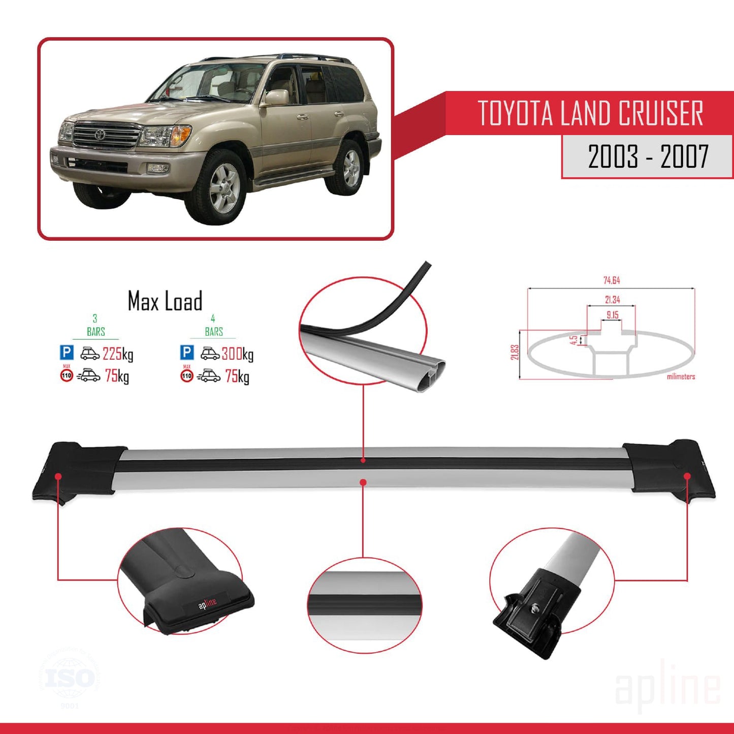 Compatible avec Toyota Land Cruiser (J100) 2003-2007 FLY Model Barres de Toit Railing Porte-Bagages de Voiture Gris Aluminium 3 Barres