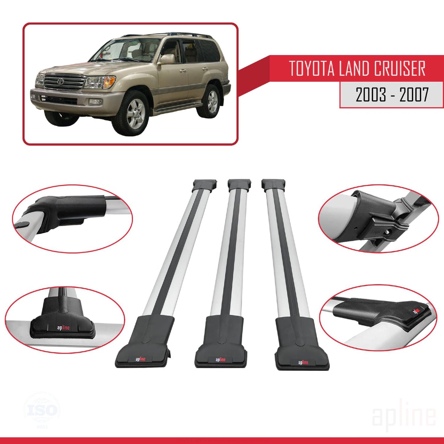 Compatible avec Toyota Land Cruiser (J100) 2003-2007 FLY Model Barres de Toit Railing Porte-Bagages de Voiture Gris Aluminium 3 Barres