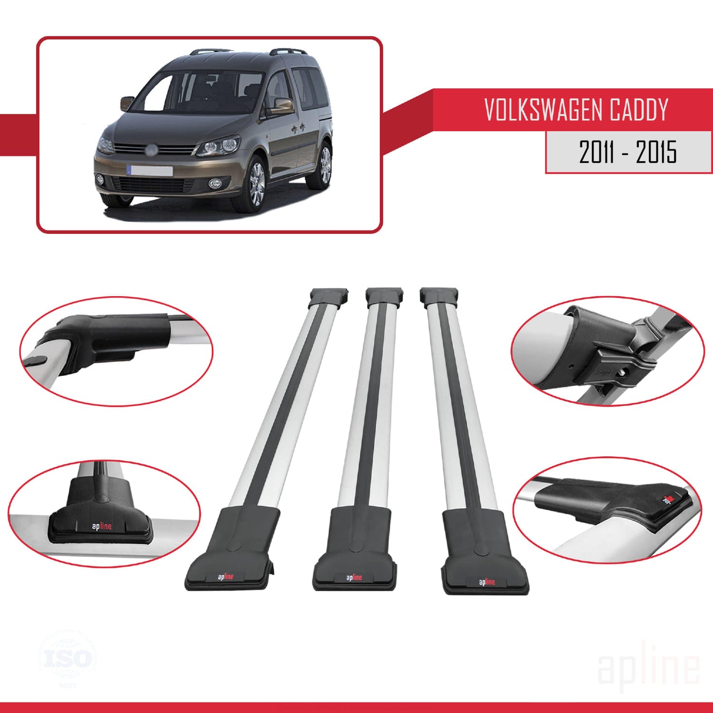 Compatible avec Volkswagen Caddy 3 (2K) 2011-2015 FLY Model Barres de Toit Railing Porte-Bagages de Voiture Gris Aluminium 3 Barres