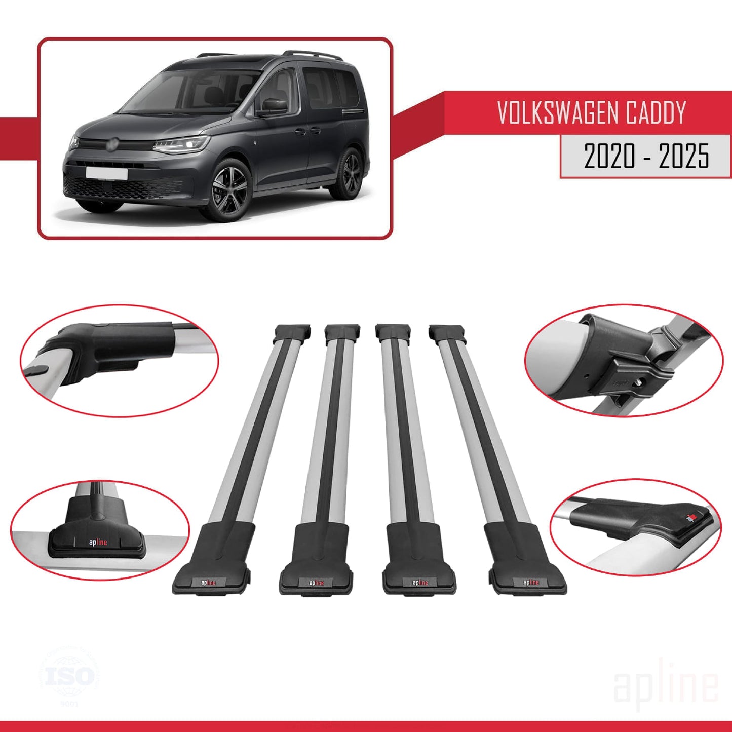 Compatible avec Volkswagen Caddy 4 (SB) 2020-2025 FLY Model Barres de Toit Railing Porte-Bagages de Voiture Gris Aluminium 4 Barres