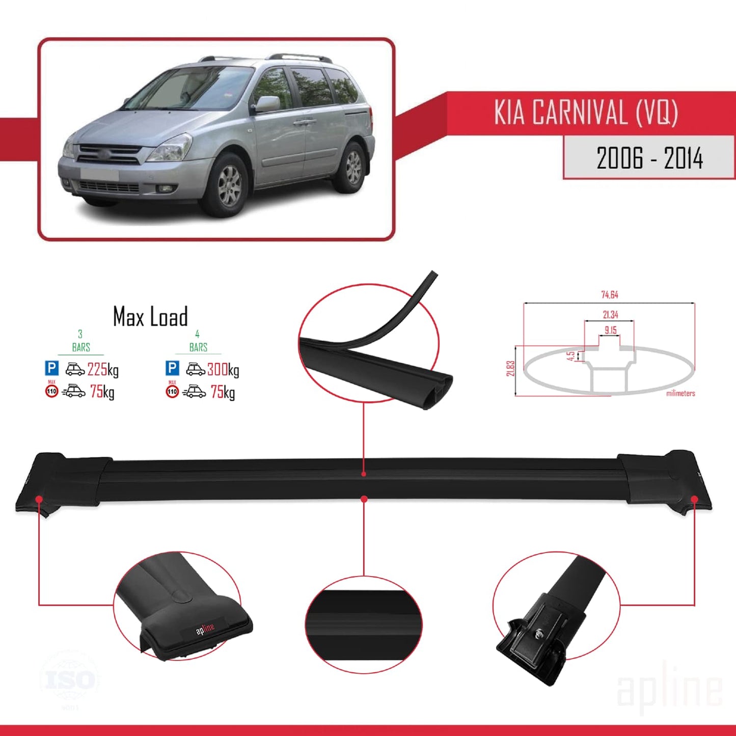 Compatible avec Kia Carnival 2 (VQ) 2006-2014 FLY Model Barres de Toit Railing Porte-Bagages de Voiture Noir Aluminium 3 Barres