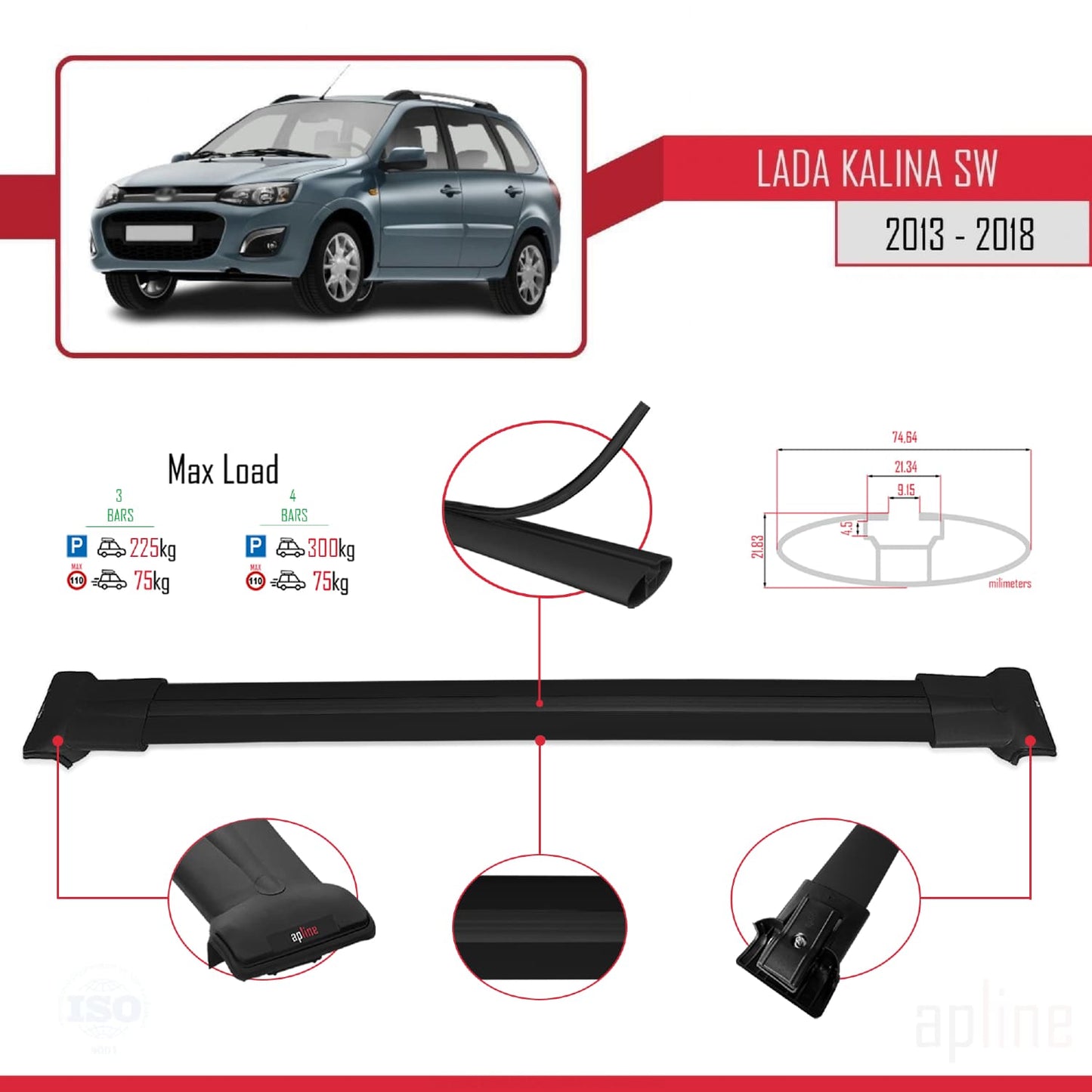 Compatible with Lada Kalina 2 SW 2013-2018 FLY Model Car Roof Rack Cross Bar Black Aluminium 3 Bars