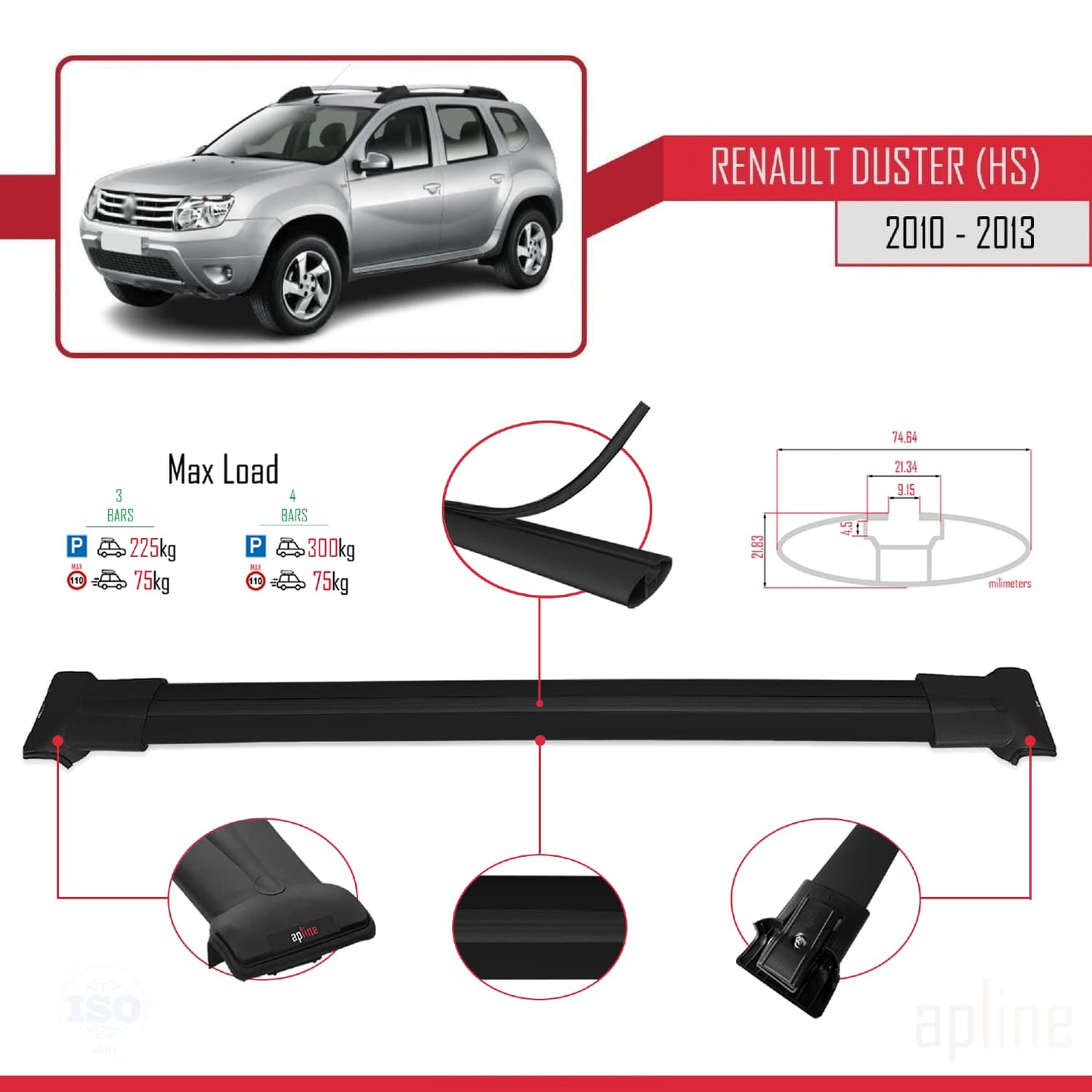 Compatible avec Renault Duster (HS) Pre-Facelift 2010-2013 FLY Model Barres de Toit Railing Porte-Bagages de Voiture Noir Aluminium 3 Barres