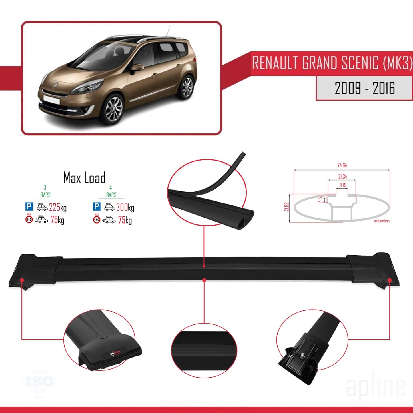 FLY Model Dakdrager bagagedrager compatibel met Renault Grand Scenic 3 2009-2016 Spoorstaven Zwart Aluminium 3 Staven