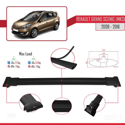FLY Model Dakdrager bagagedrager compatibel met Renault Grand Scenic 3 2009-2016 Spoorstaven Zwart Aluminium 3 Staven