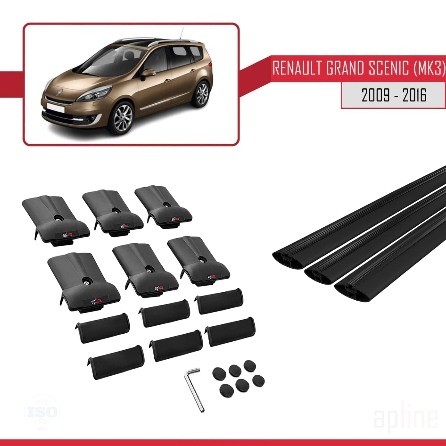 FLY Model Dakdrager bagagedrager compatibel met Renault Grand Scenic 3 2009-2016 Spoorstaven Zwart Aluminium 3 Staven